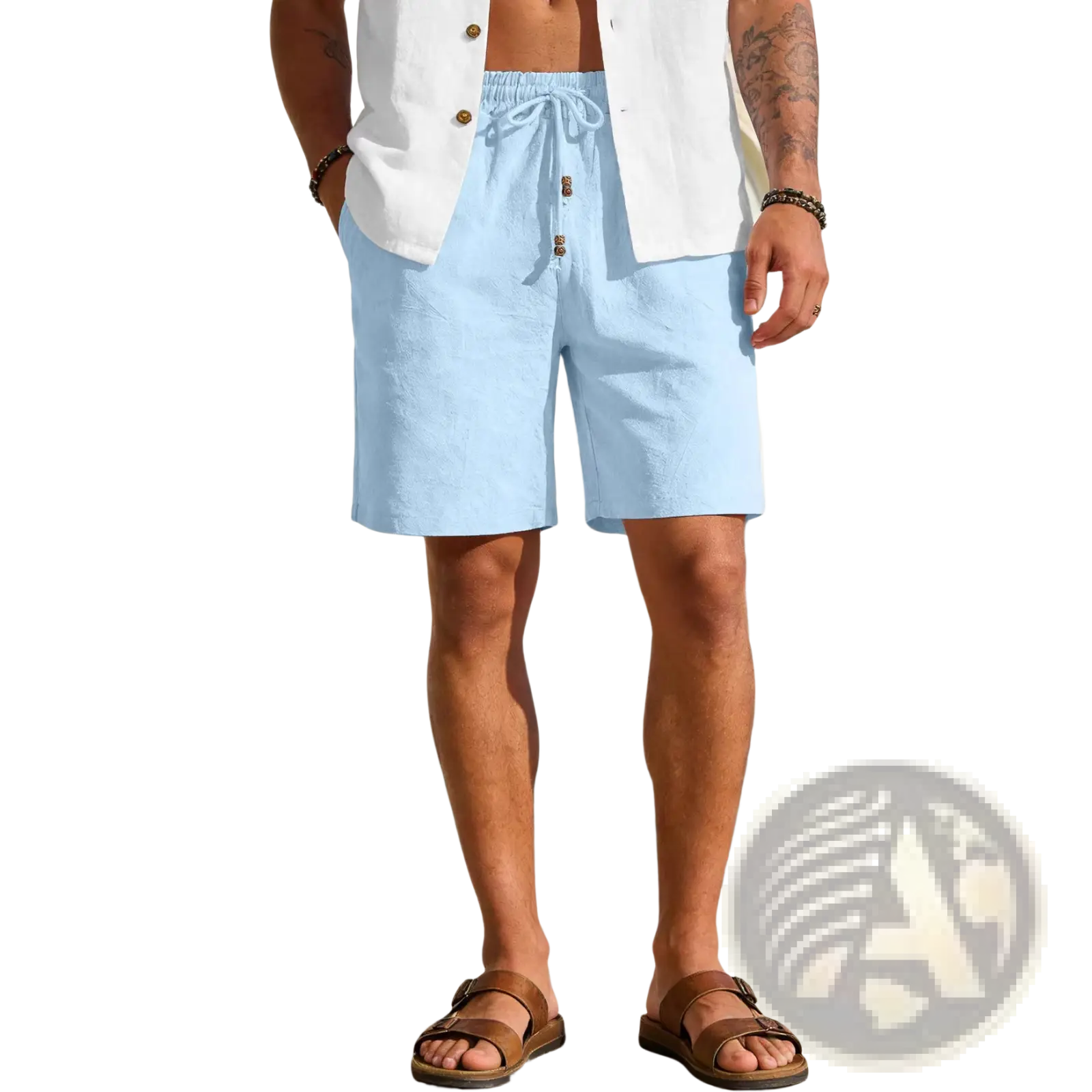 Light blue mens cotton linen drawstring shorts featuring a drawstring waist and wooden buttons