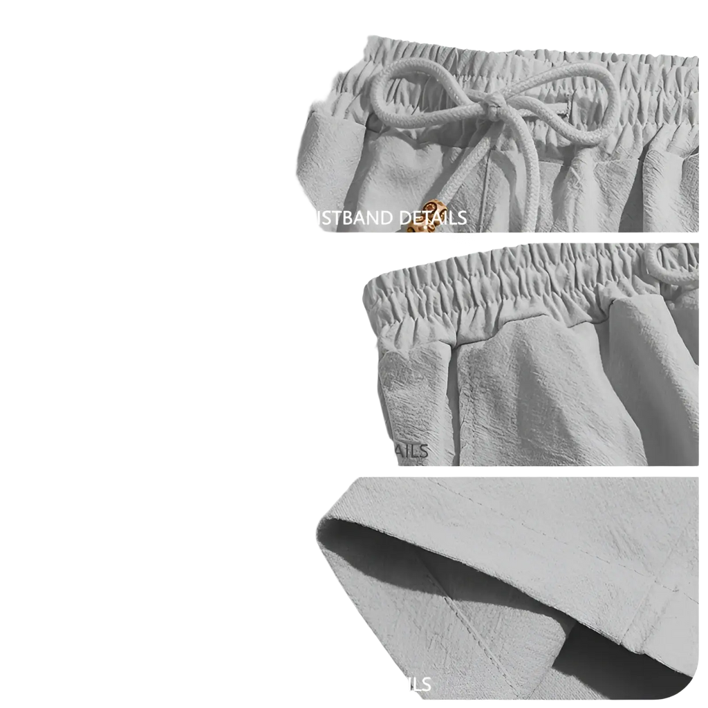 Mens cotton linen drawstring shorts in light gray breathable cotton with elastic waistband and adjustable drawstring