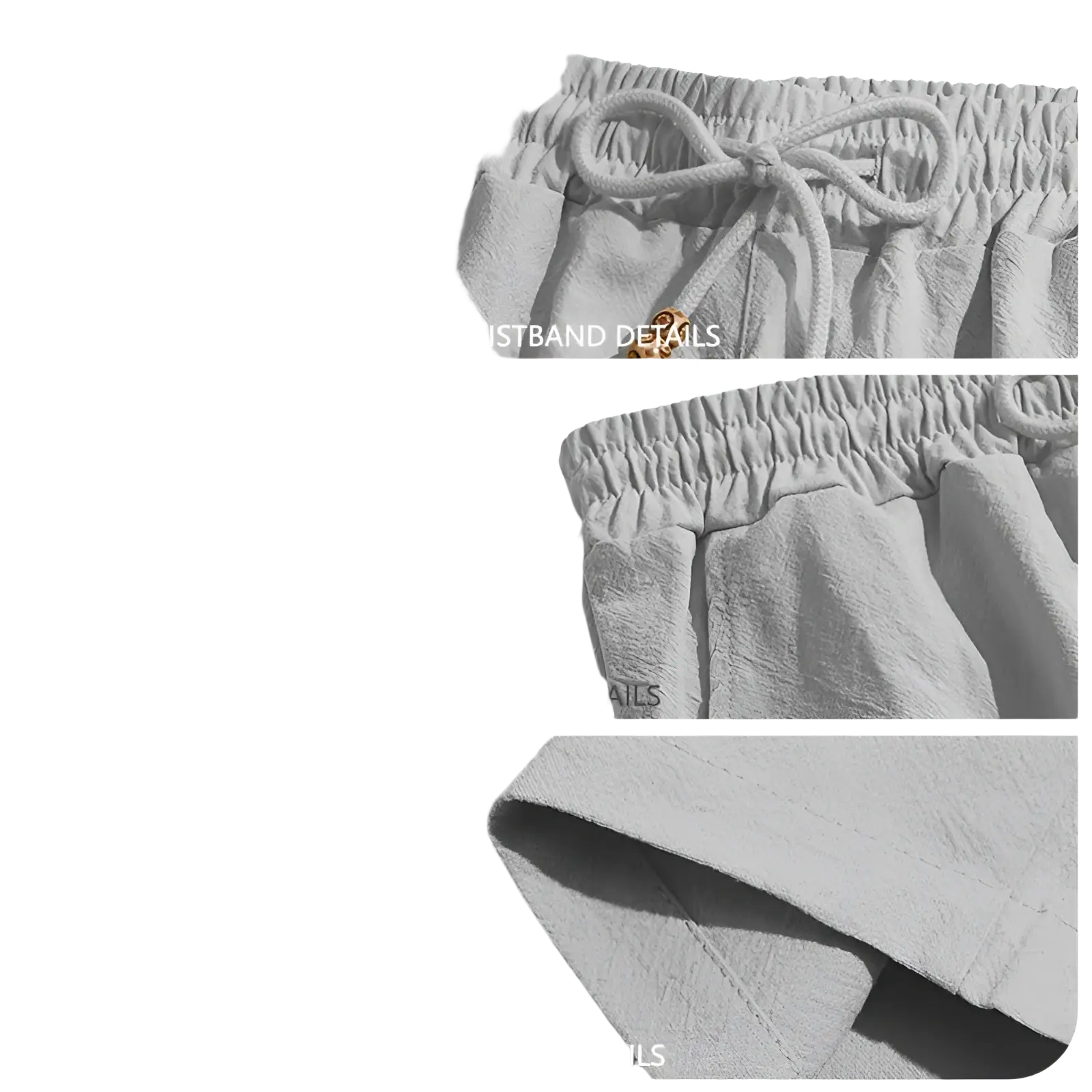 Mens cotton linen drawstring shorts in light gray breathable cotton with elastic waistband and adjustable drawstring