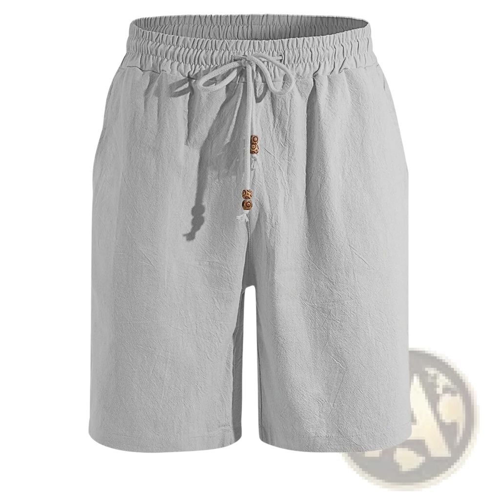 Mens cotton linen drawstring shorts in light gray with textured fabric elastic waistband and wooden toggle buttons
