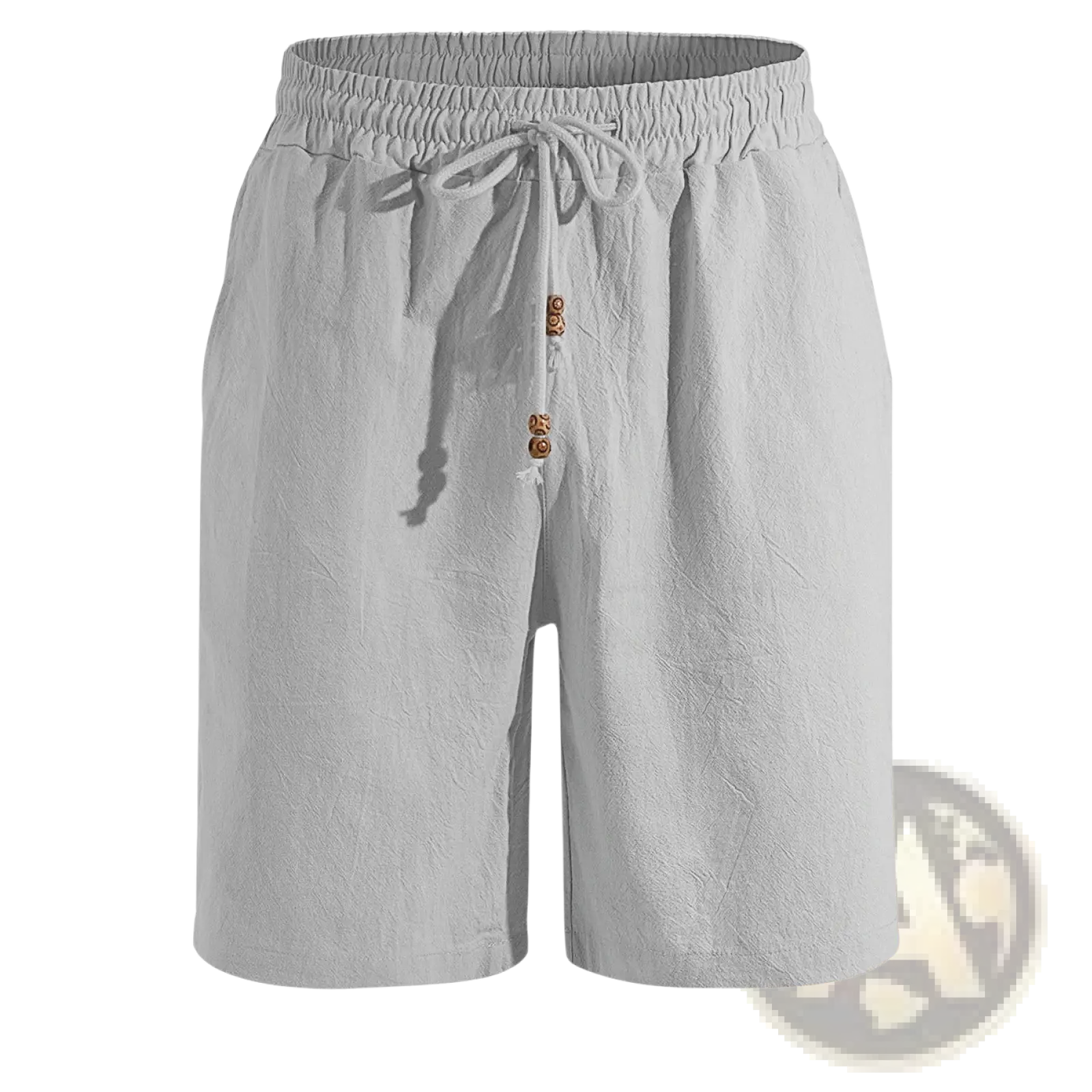 Mens cotton linen drawstring shorts in light gray with textured fabric elastic waistband and wooden toggle buttons