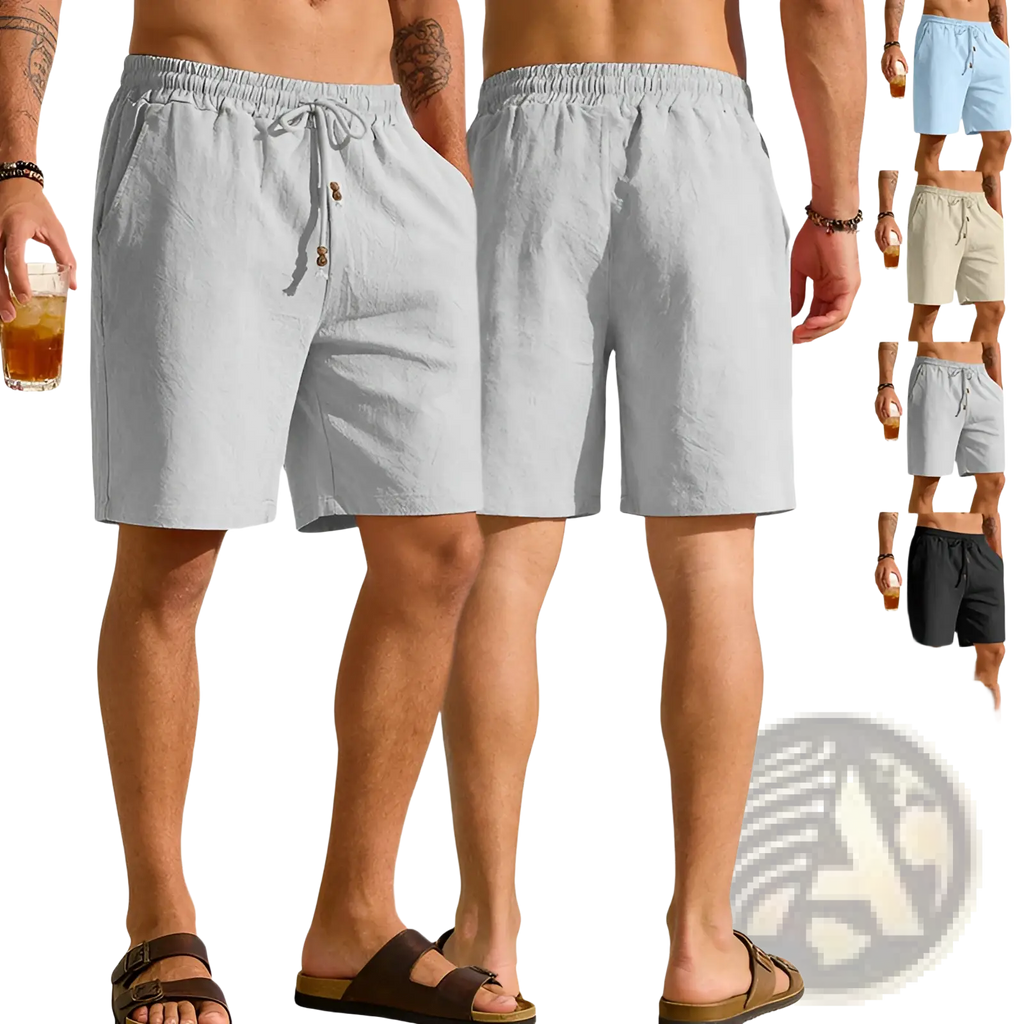 Light gray mens cotton linen drawstring shorts with a drawstring waist and side pockets for casual wear