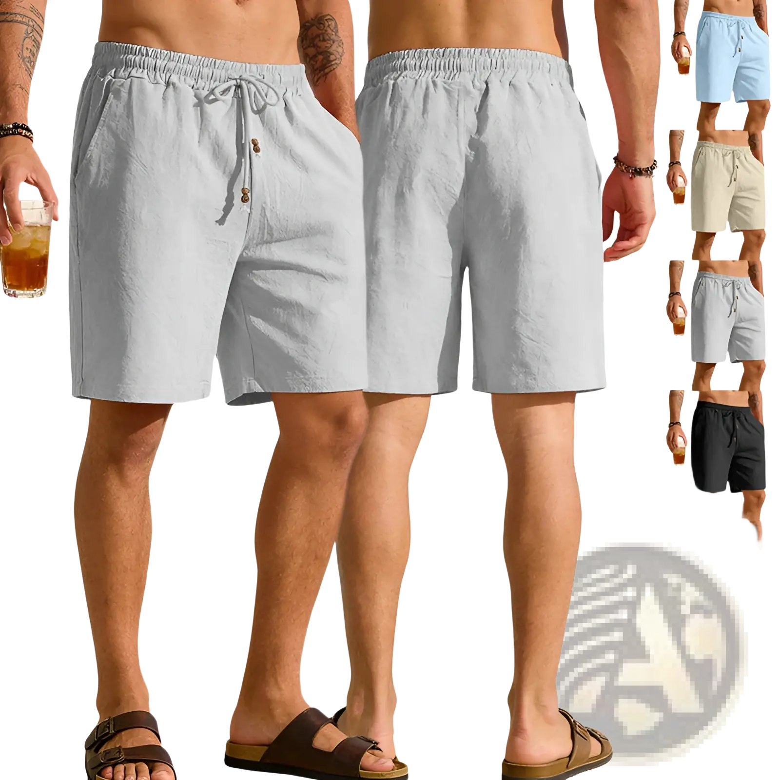 Light gray mens cotton linen drawstring shorts with a drawstring waist and side pockets for casual wear