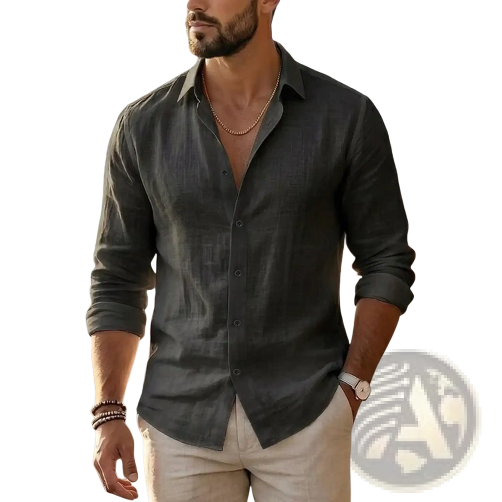 Mens cotton linen long sleeve casual shirt in dark gray with button-down design and rolled-up sleeves