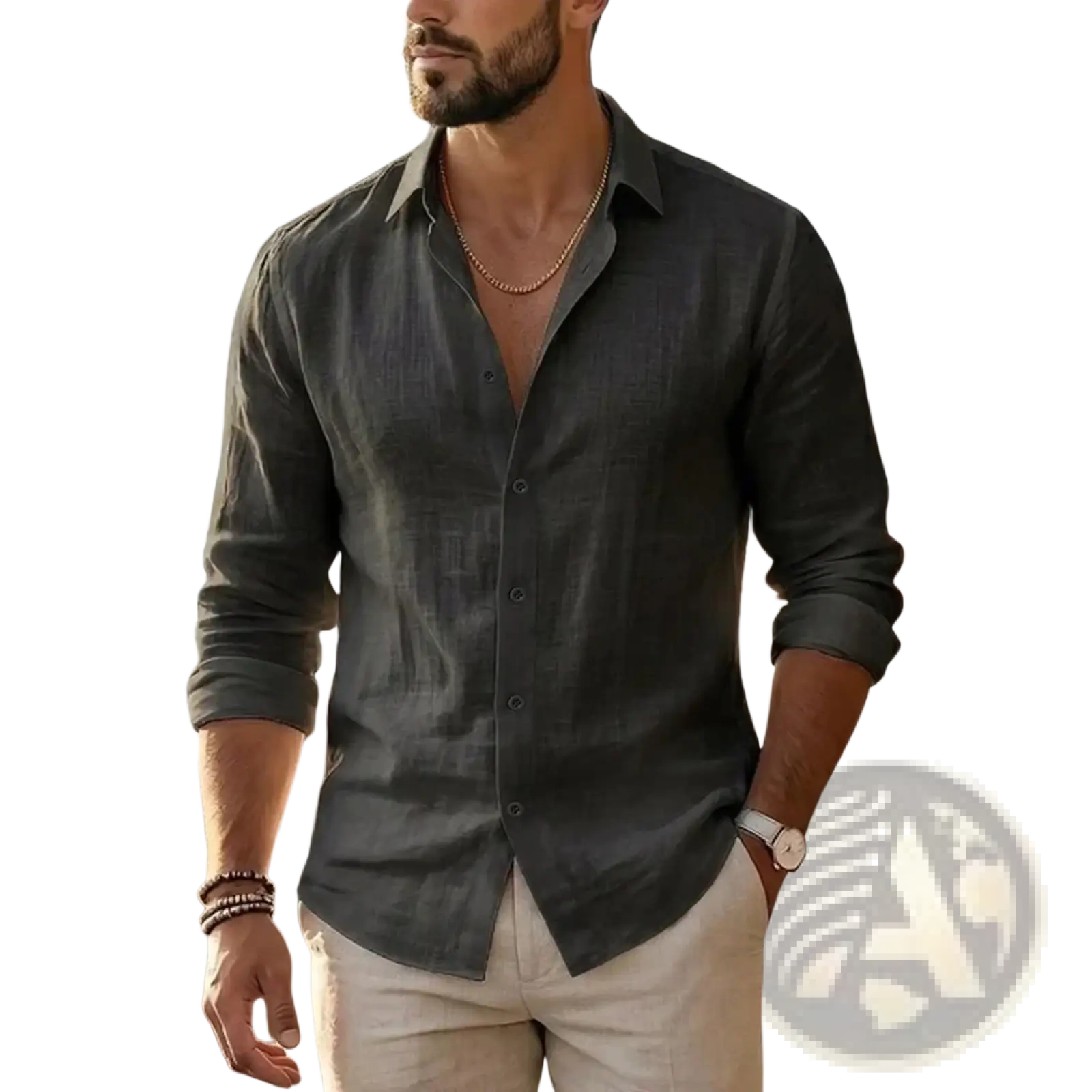 Mens cotton linen long sleeve casual shirt in dark gray with button-down design and rolled-up sleeves