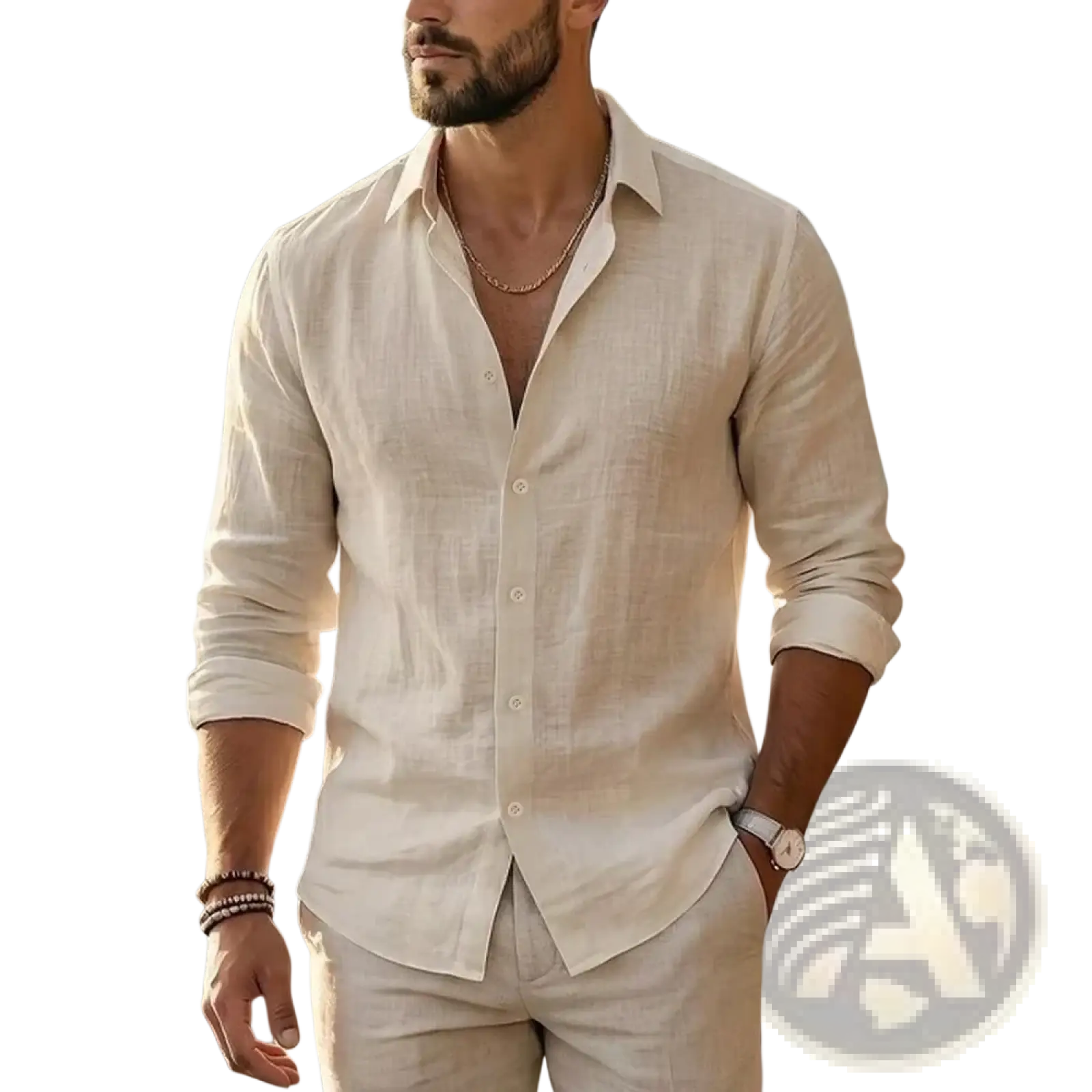 Mens cotton linen long sleeve casual shirt in light beige with rolled cuffs and subtle textured weave