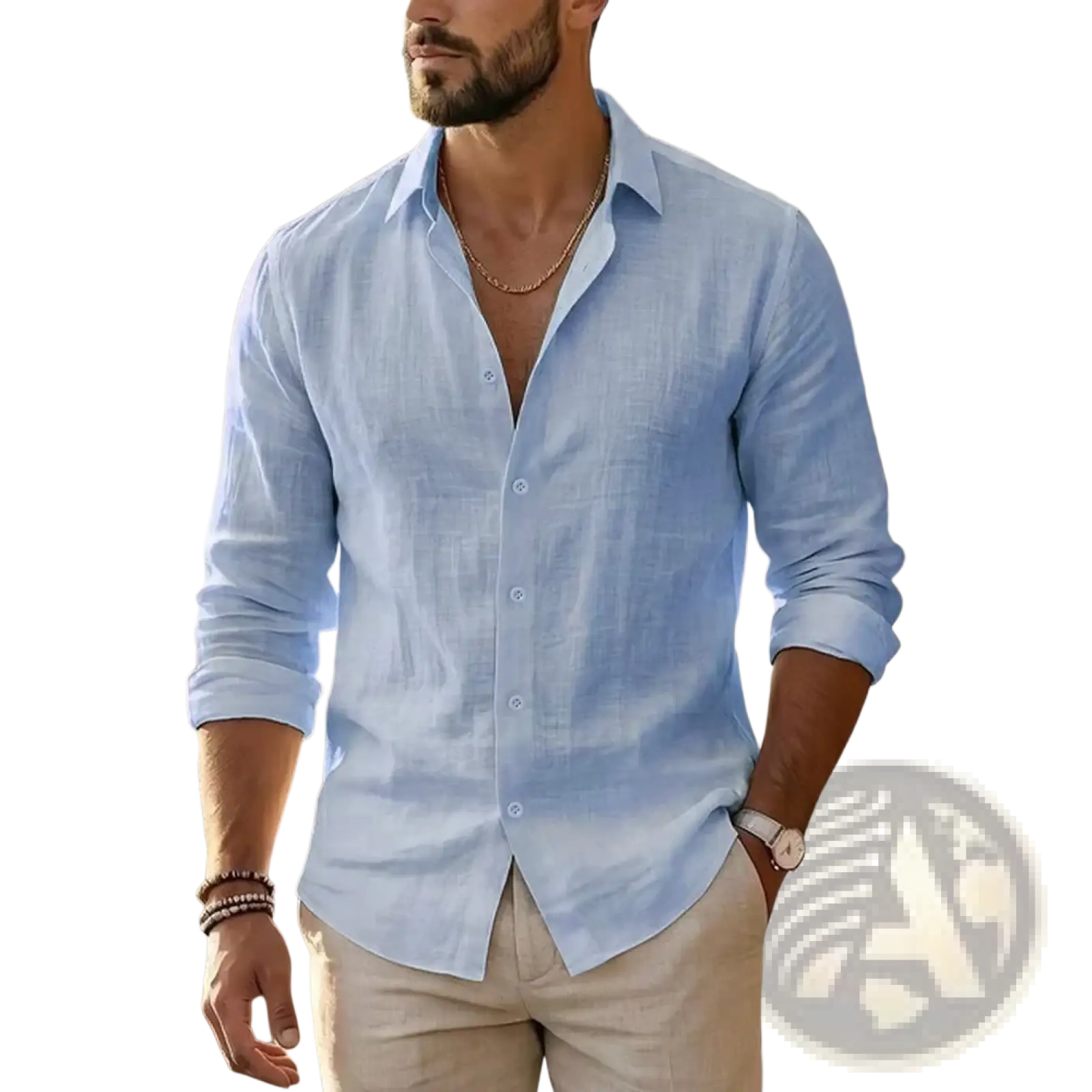 Mens cotton linen long sleeve casual shirt in light blue with subtle texture and rolled up sleeves