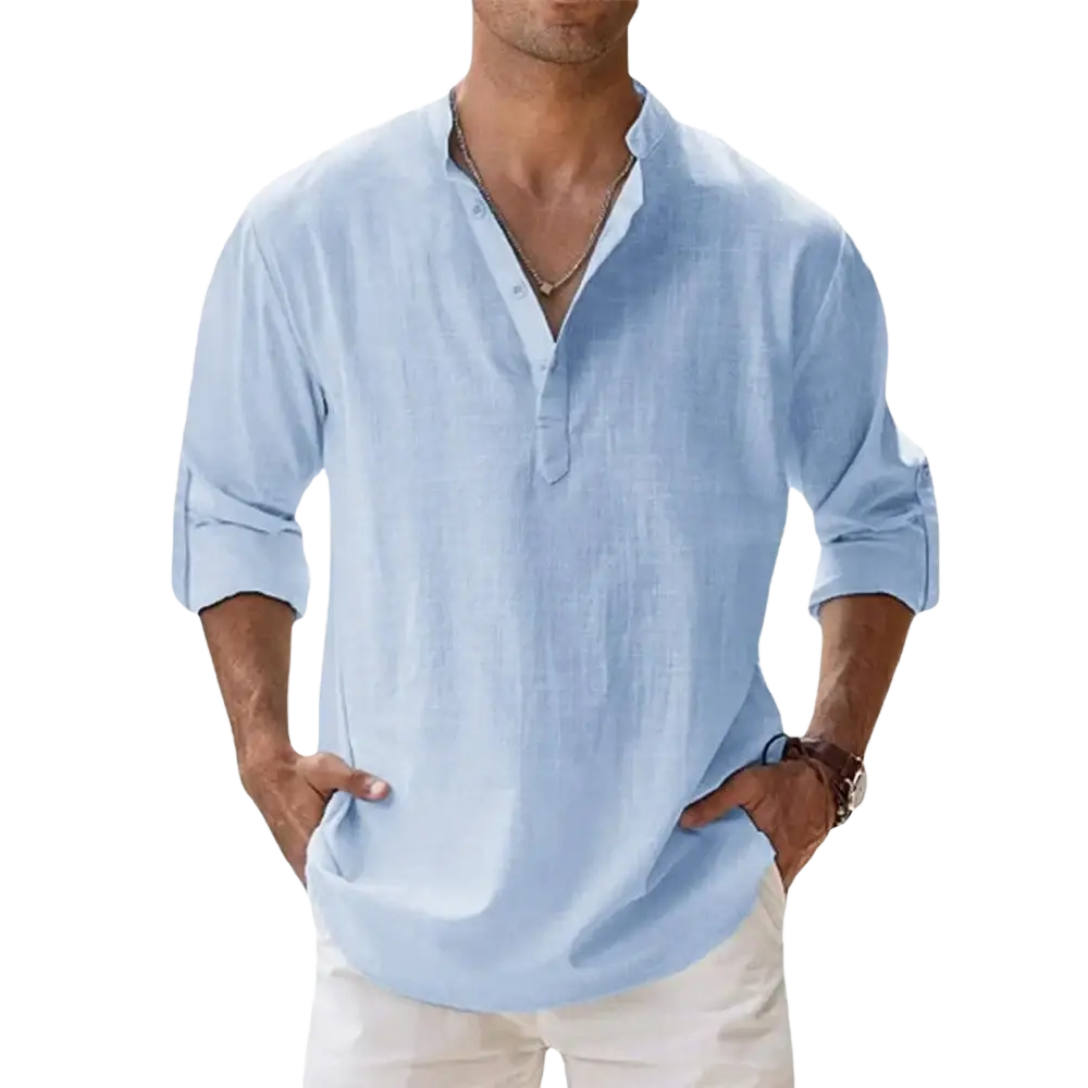 Men’s light blue cotton linen long sleeve casual shirt with buttoned placket and rolled cuffs in linen fabric