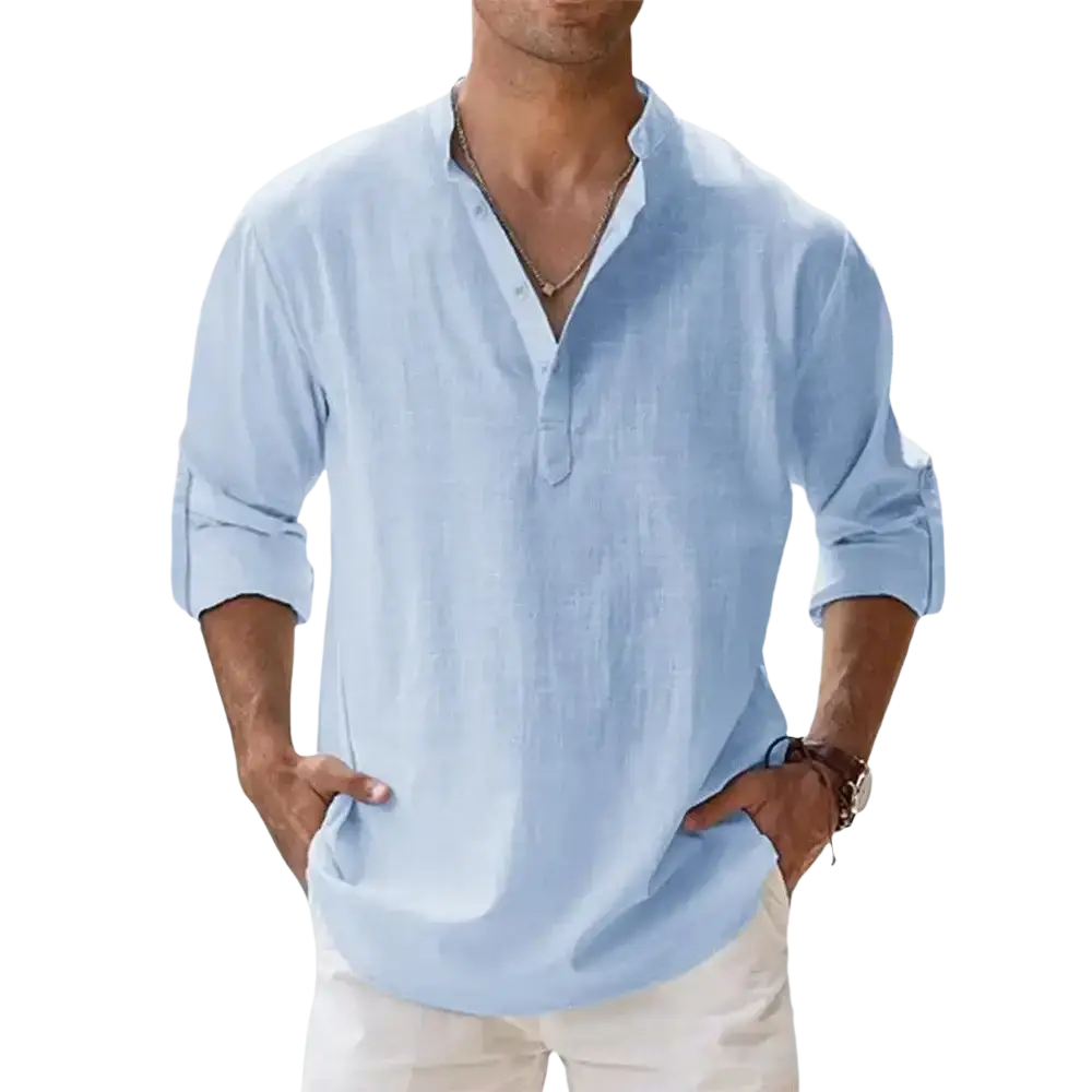 Light blue cotton linen long sleeve casual shirt for men with button down front and rolled up cuffs