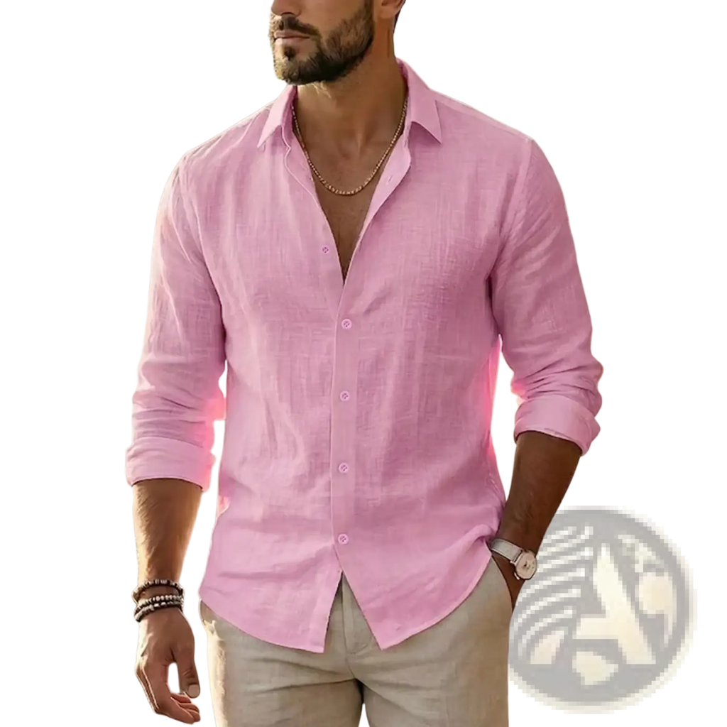 Mens cotton linen long sleeve casual shirt in light pink with rolled cuffs and a classic collar made of linen