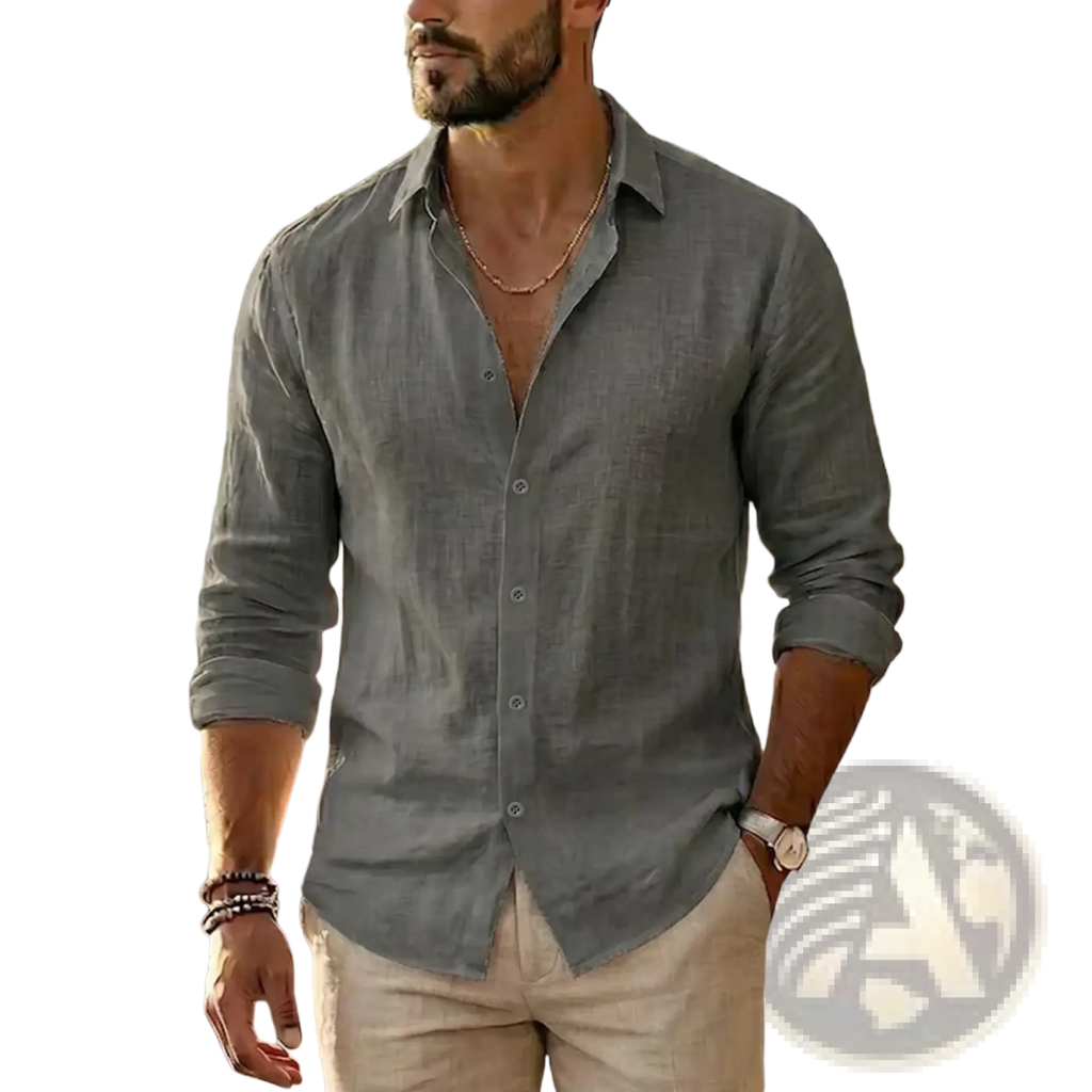 Mens gray cotton linen long sleeve casual shirt with button down collar and rolled up sleeves