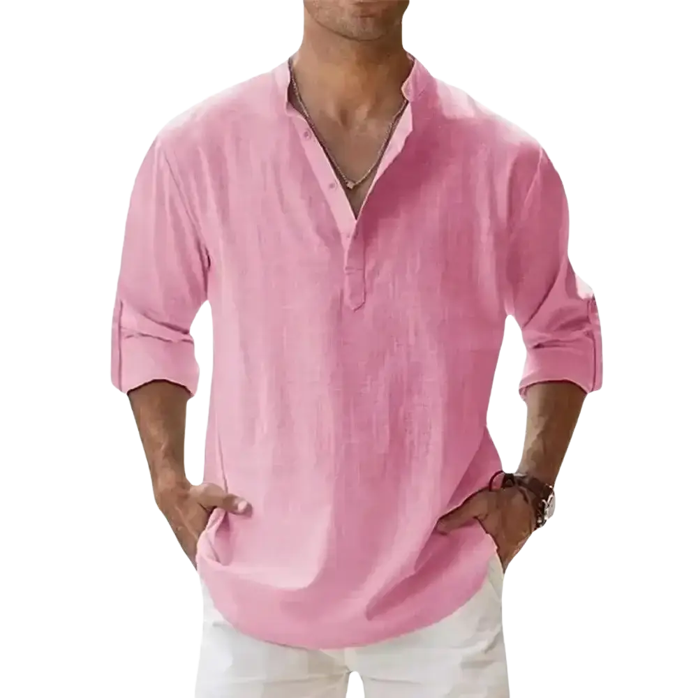 A soft pink long sleeve casual shirt made of cotton linen with a relaxed fit and buttoned placket for men