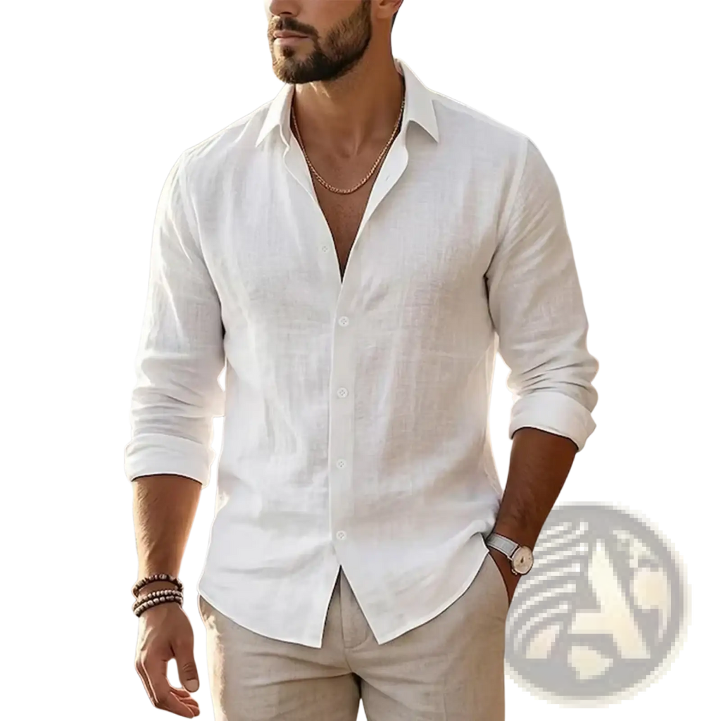 Mens cotton linen long sleeve casual shirt in white with a classic collar and rolled-up sleeves made of breathable fabric