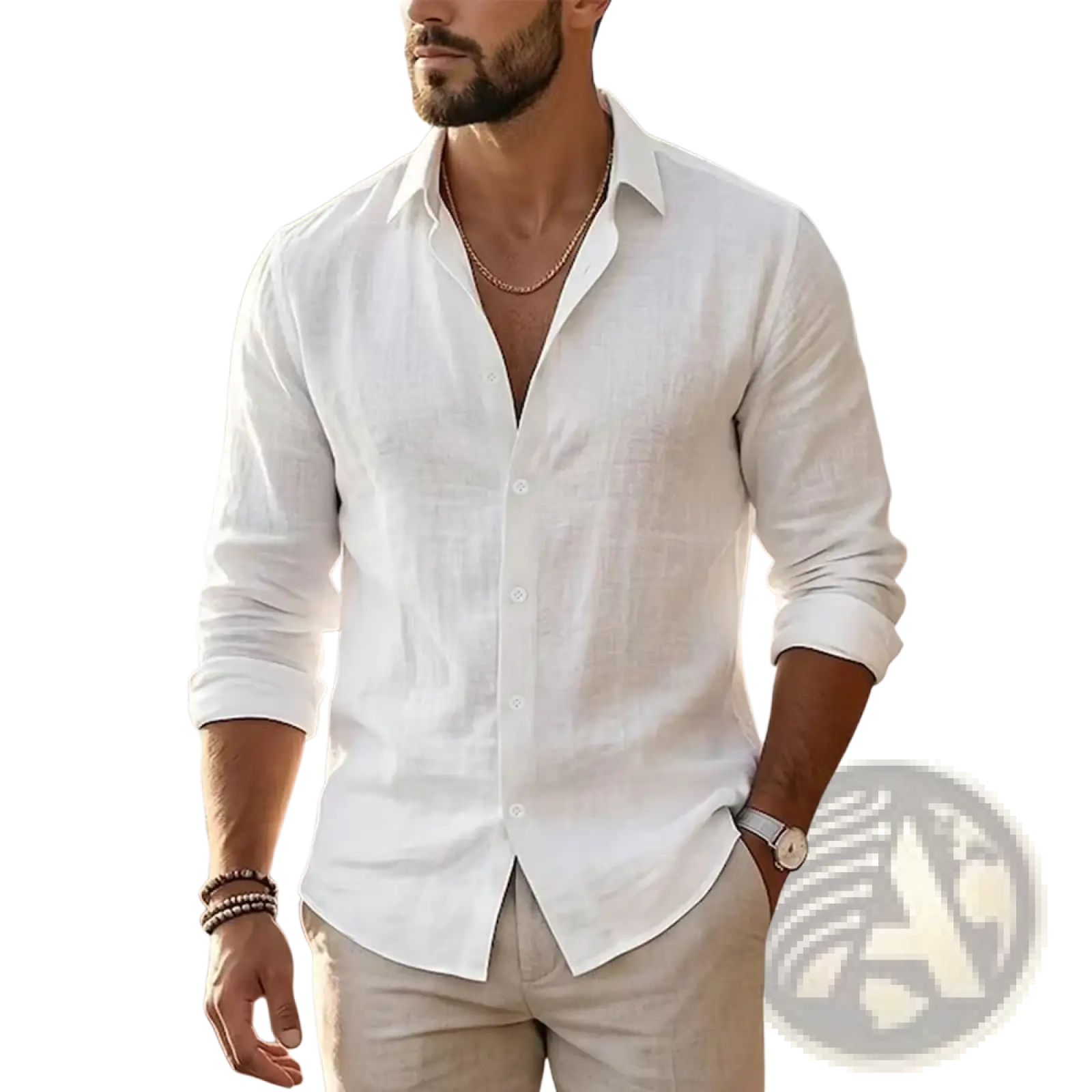 Mens cotton linen long sleeve casual shirt in white with a classic collar and rolled-up sleeves made of breathable fabric