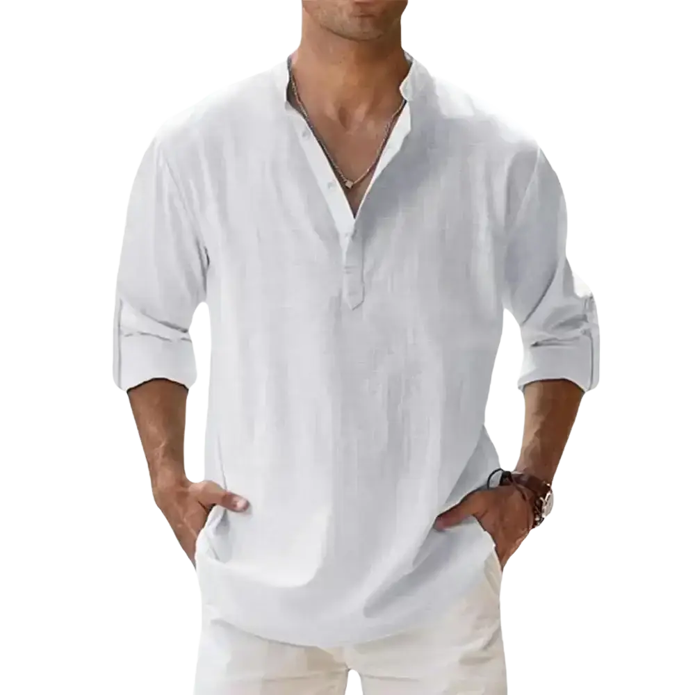 White men’s cotton linen long sleeve casual shirt with relaxed fit and buttoned placket for everyday wear