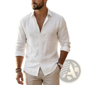 Mens cotton linen long sleeve casual shirt in white linen with button-down front classic collar and rolled-up sleeves