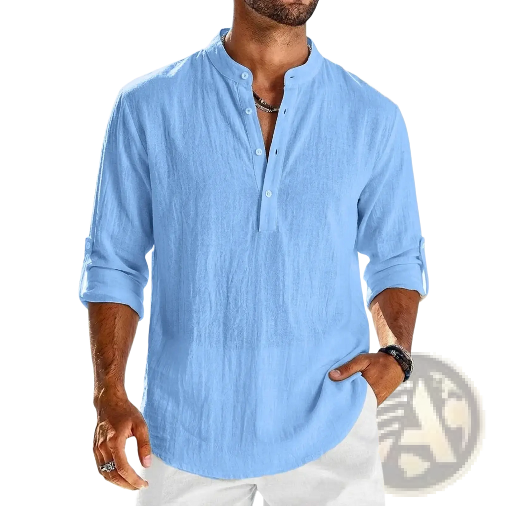 Men’s light blue cotton linen long sleeve henley shirt with subtle textured fabric and rolled cuffs
