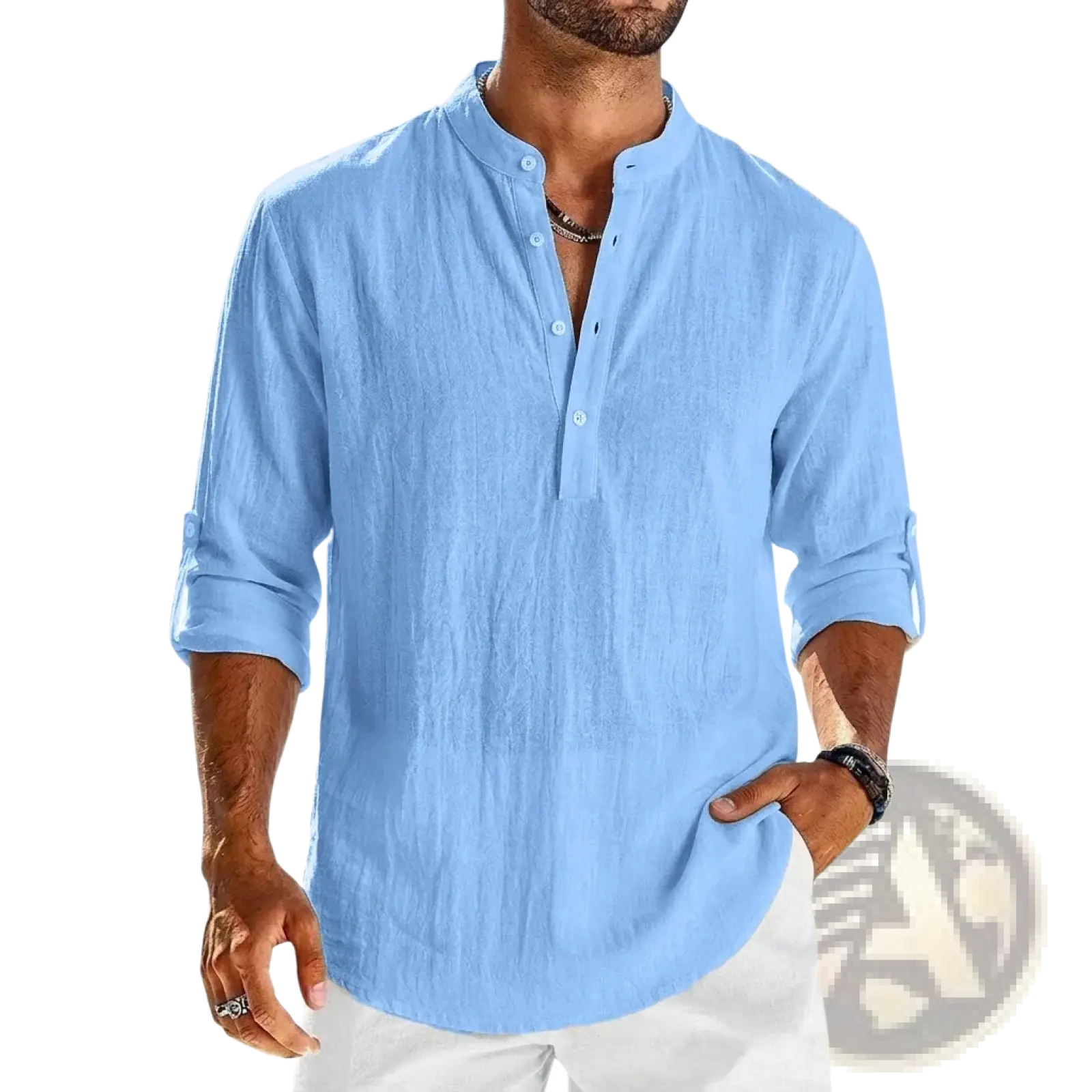 Men’s light blue cotton linen long sleeve henley shirt with subtle textured fabric and rolled cuffs