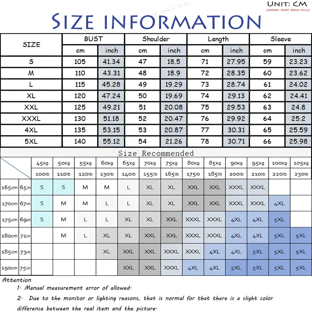 Size information chart for men’s cotton linen long sleeve henley shirt showing measurements in centimeters and inches from S to 5XL