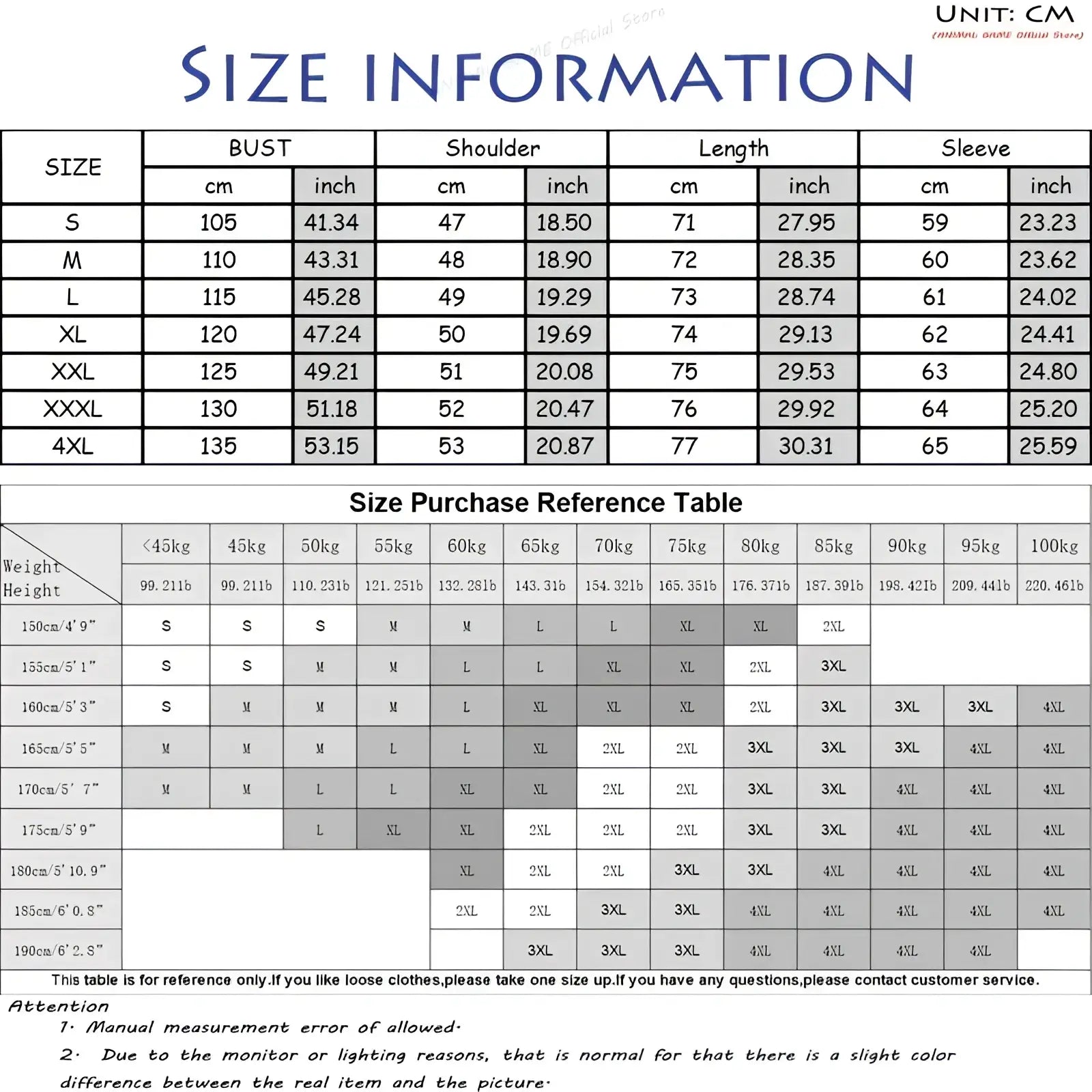 Size chart for men’s cotton linen long sleeve henley shirt showing measurements in centimeters and inches from S to 4XL