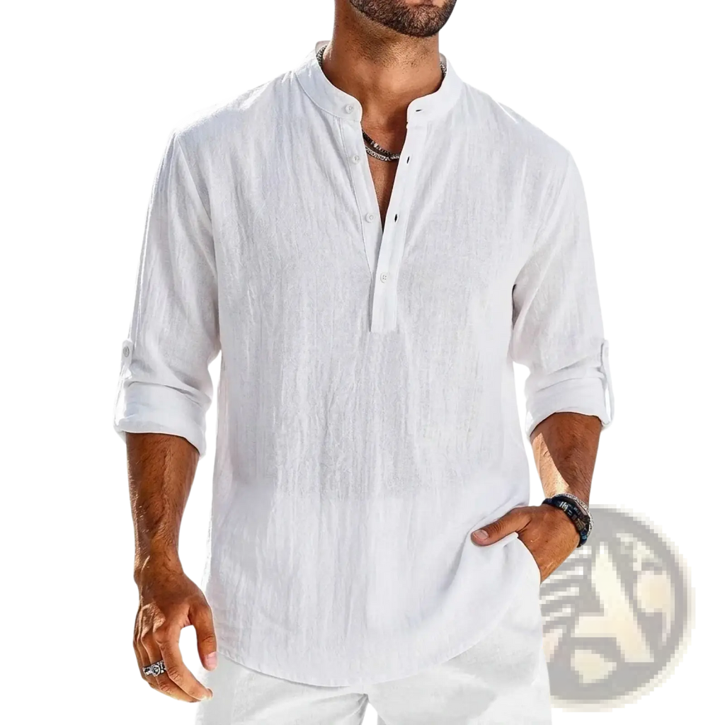 White linen button-down shirt with rolled-up sleeves and mandarin collar for men in cotton linen long sleeve henley style