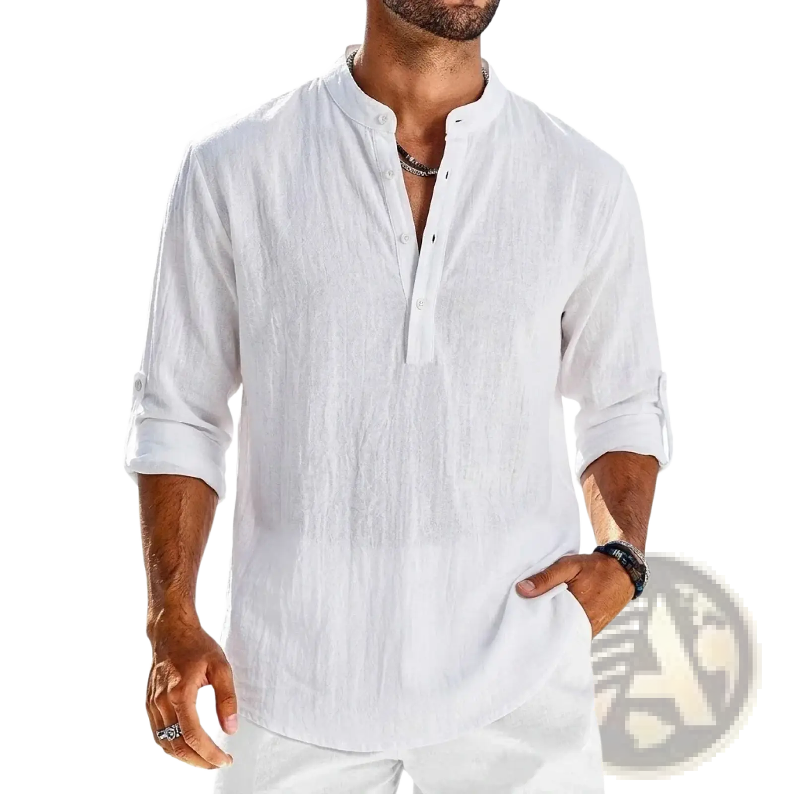 White linen button-down shirt with rolled-up sleeves and mandarin collar for men in cotton linen long sleeve henley style