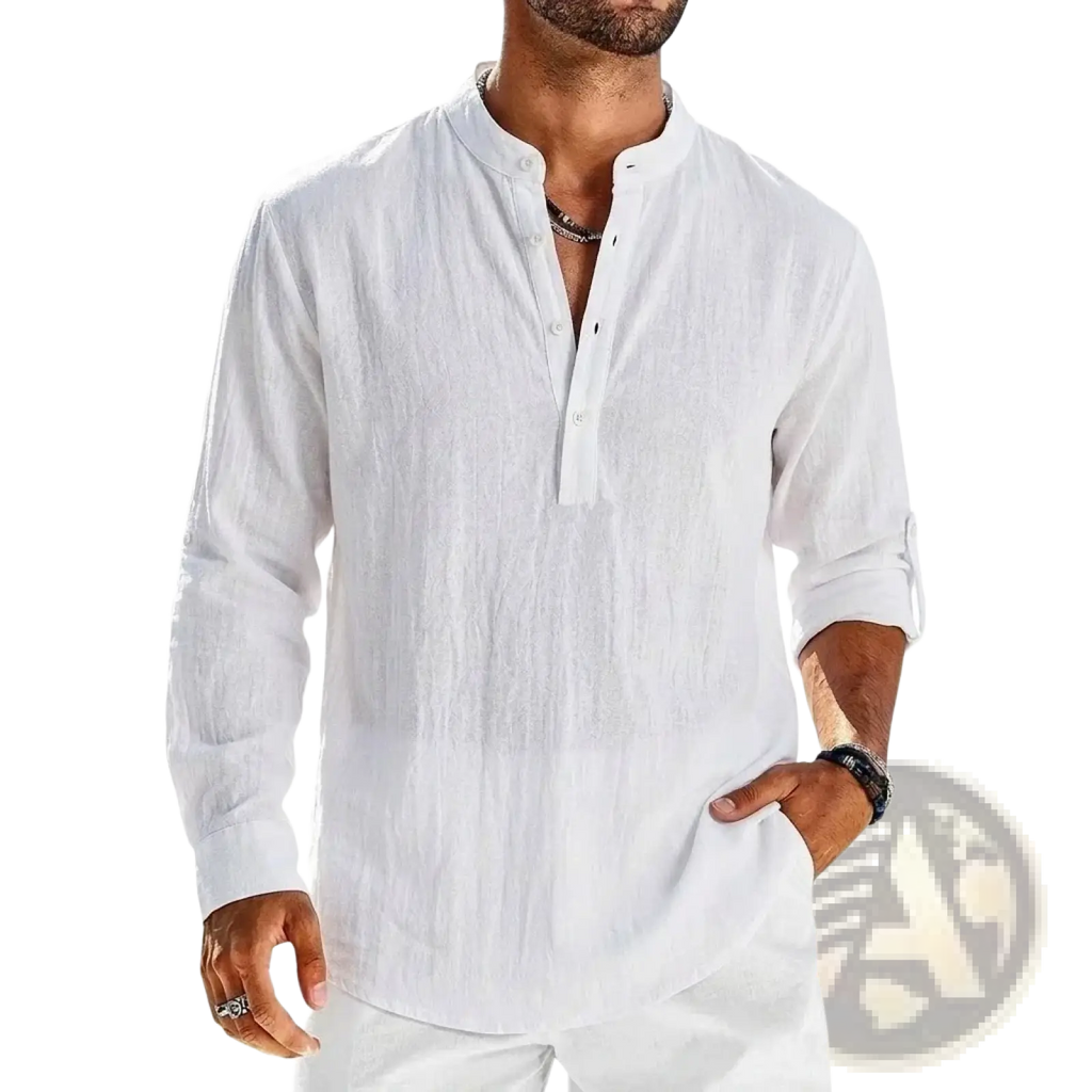 Men’s white cotton linen long sleeve henley shirt with mandarin collar and button-front design
