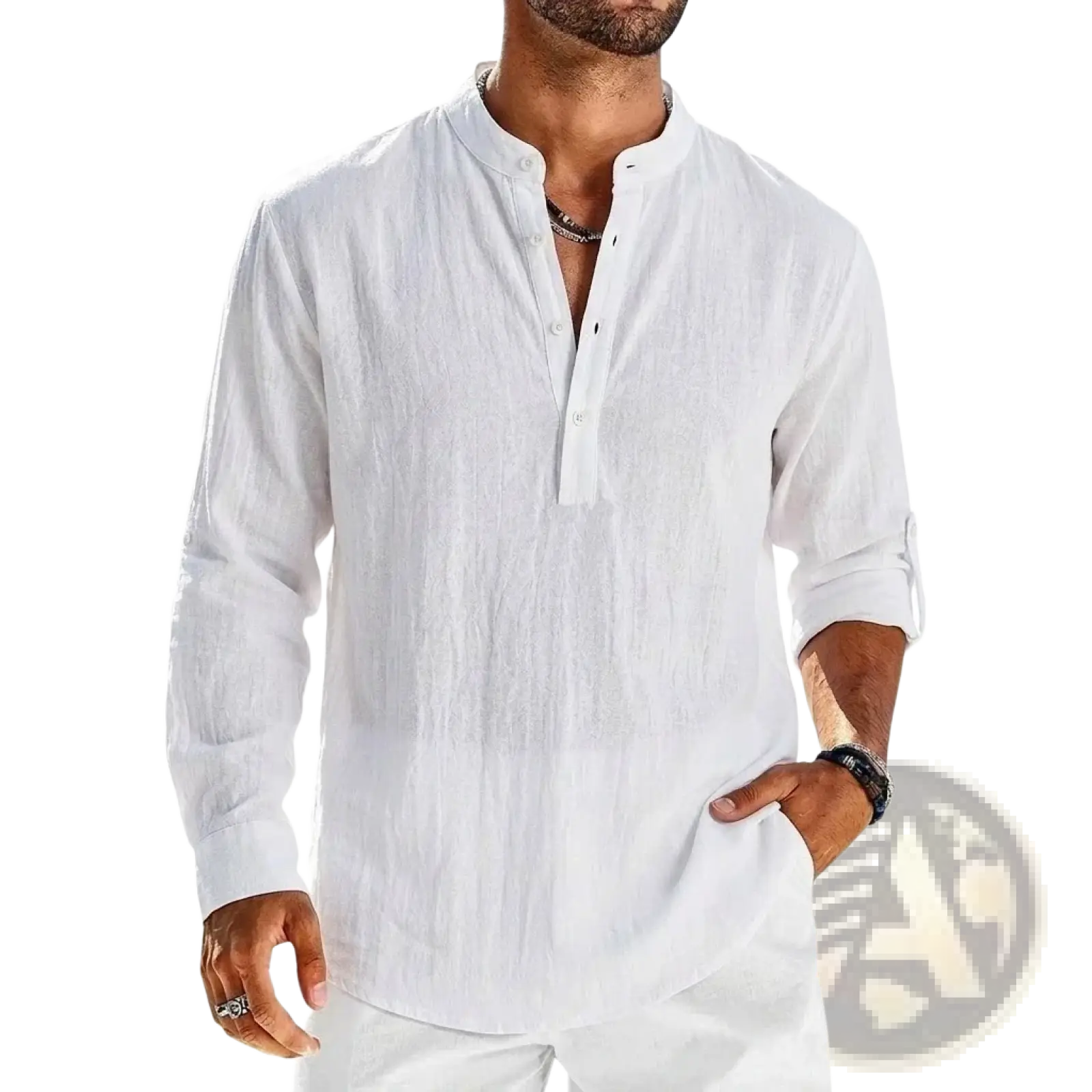 Men’s white cotton linen long sleeve henley shirt with mandarin collar and button-front design