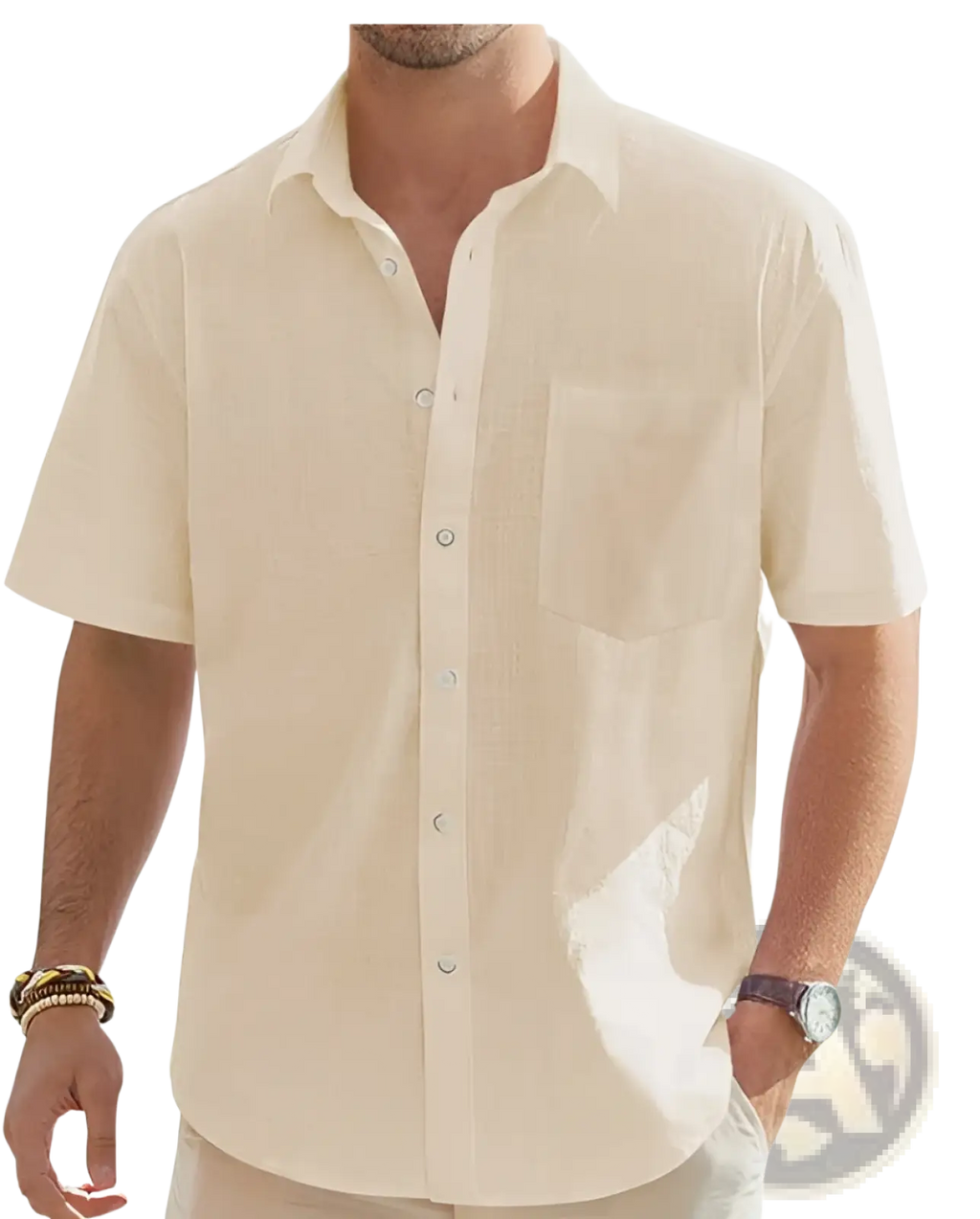 Beige mens cotton linen short sleeve shirt with button down front chest pocket and subtle textured fabric