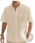 Beige mens cotton linen short sleeve shirt with button down front chest pocket and subtle textured fabric