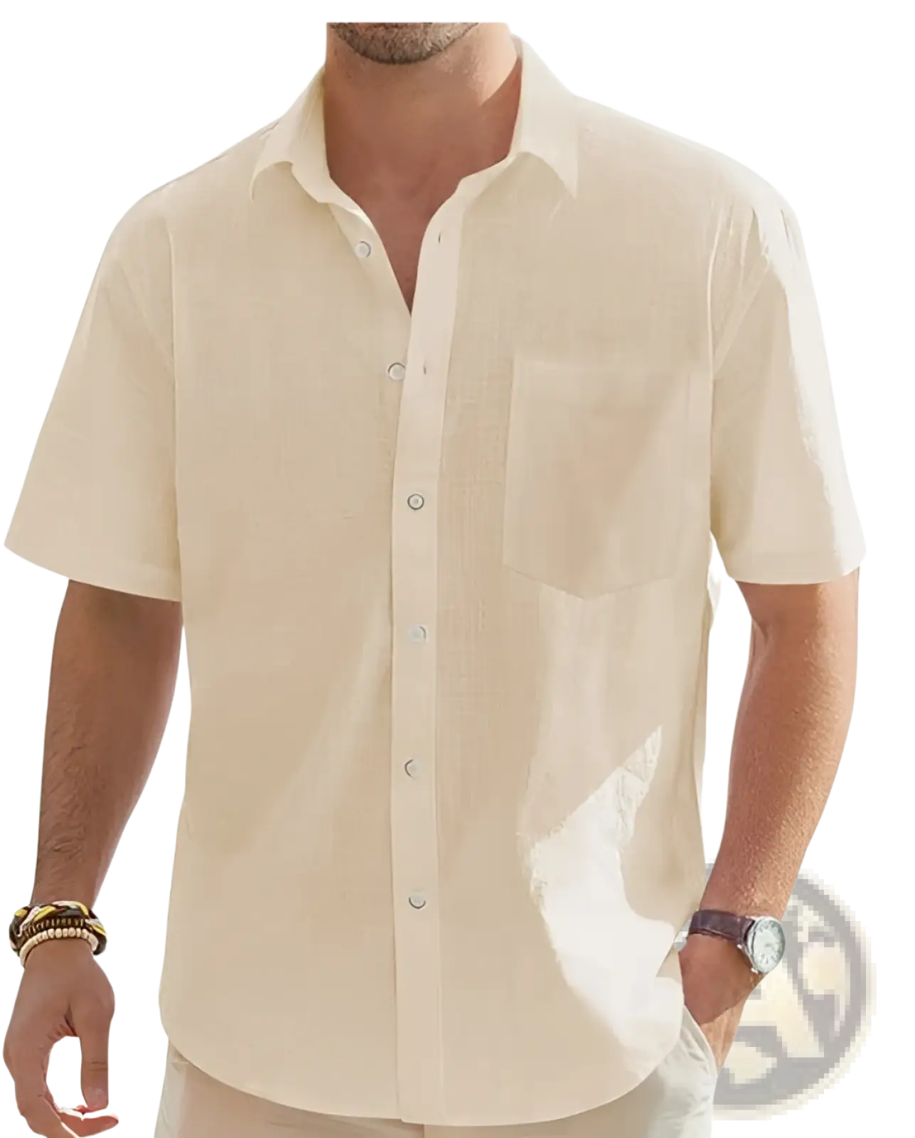 Beige mens cotton linen short sleeve shirt with button down front chest pocket and subtle textured fabric