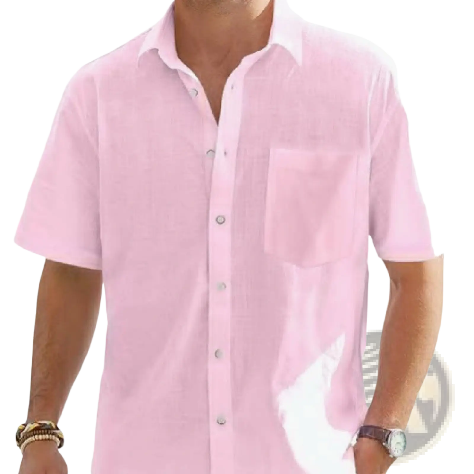 A light pink mens cotton linen short sleeve shirt with silver buttons and a chest pocket