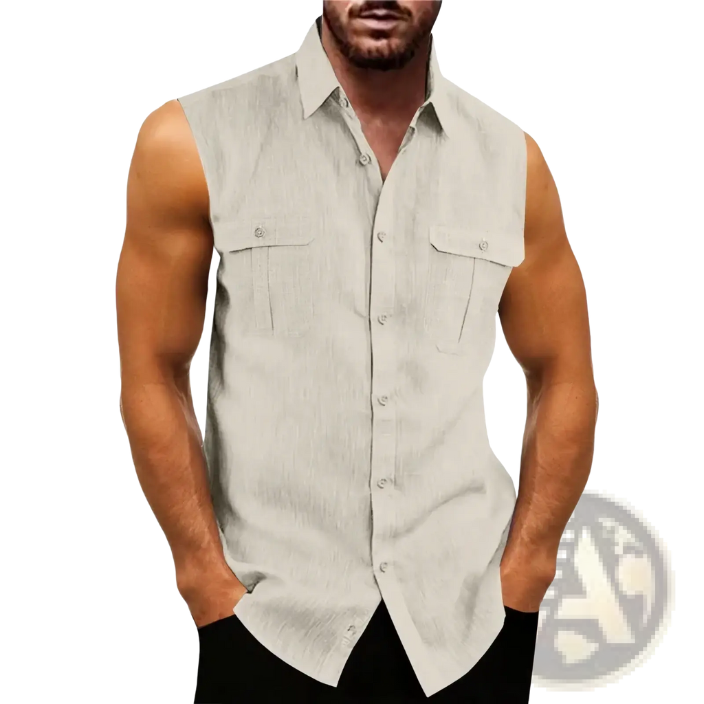 Beige men’s cotton linen sleeveless button-up shirt with collar and two chest pockets for casual wear