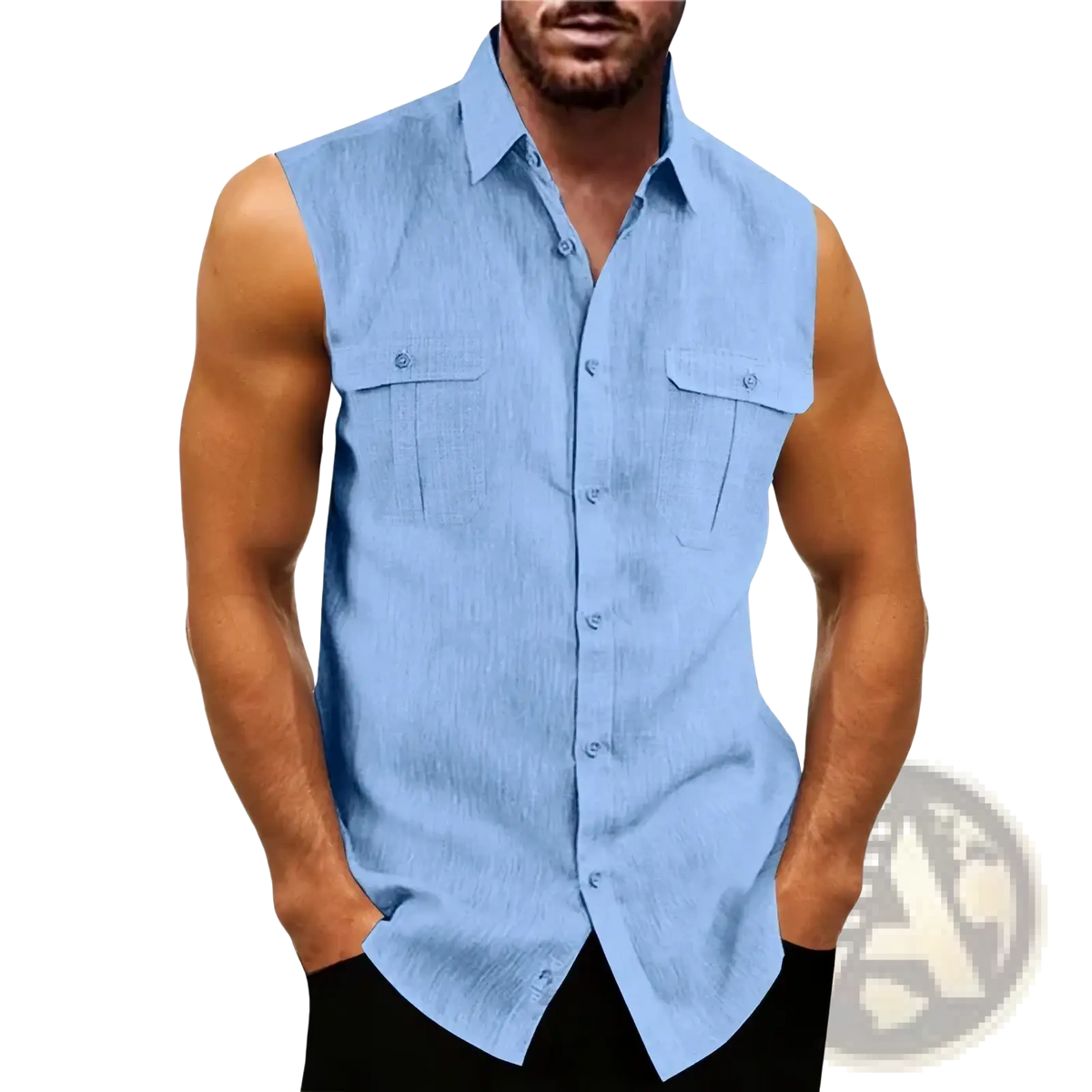 Light blue men’s cotton linen sleeveless button-up shirt with collar and two chest pockets