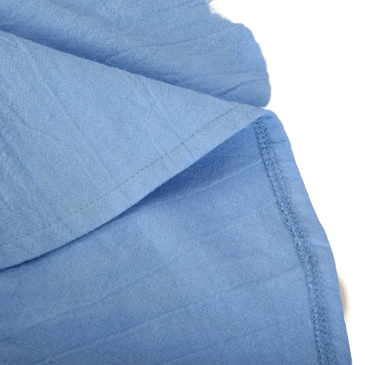 Light blue textured cotton fabric with visible stitching on the men’s cotton linen sleeveless button-up shirt