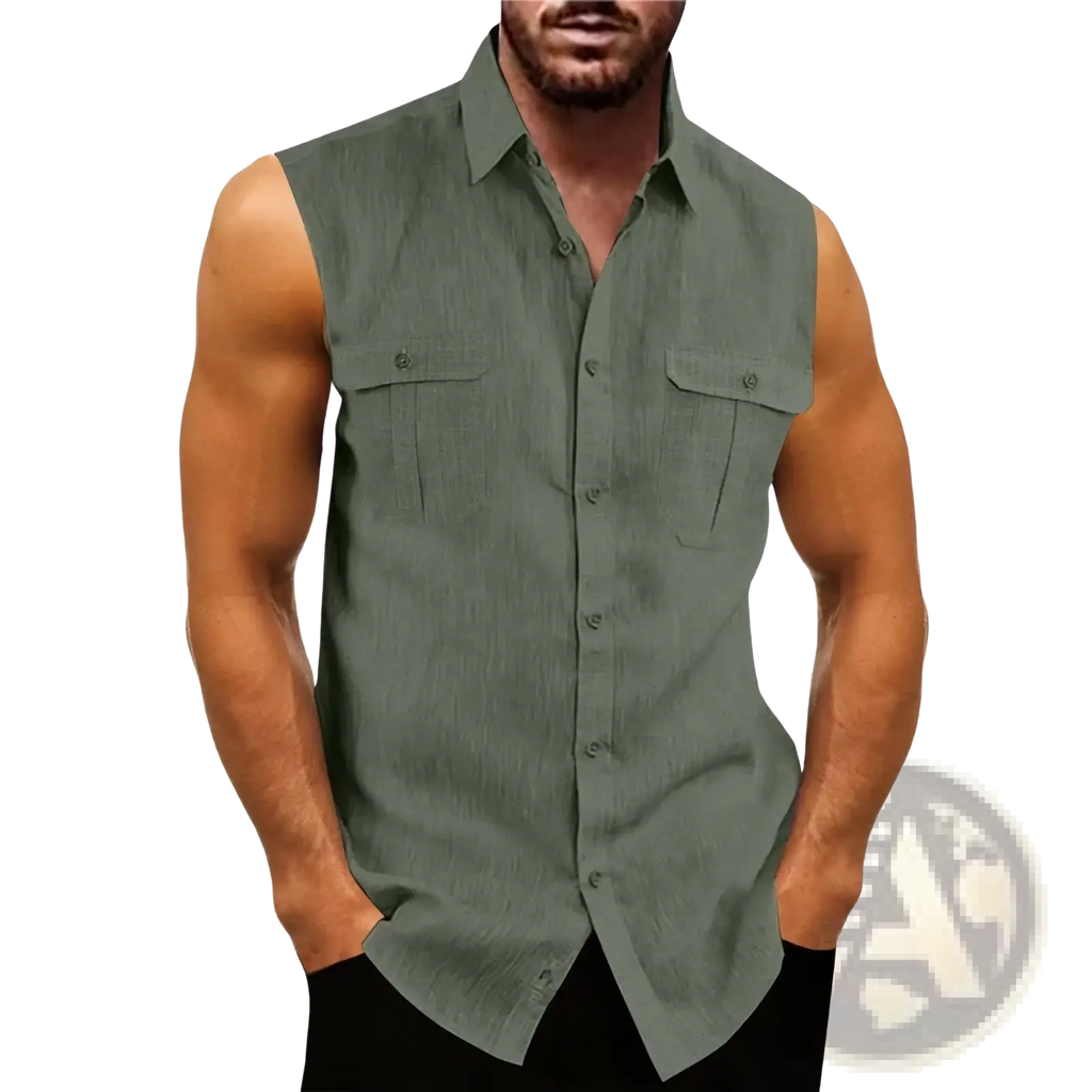 Men’s olive green cotton linen sleeveless button-up shirt with collar and two chest pockets