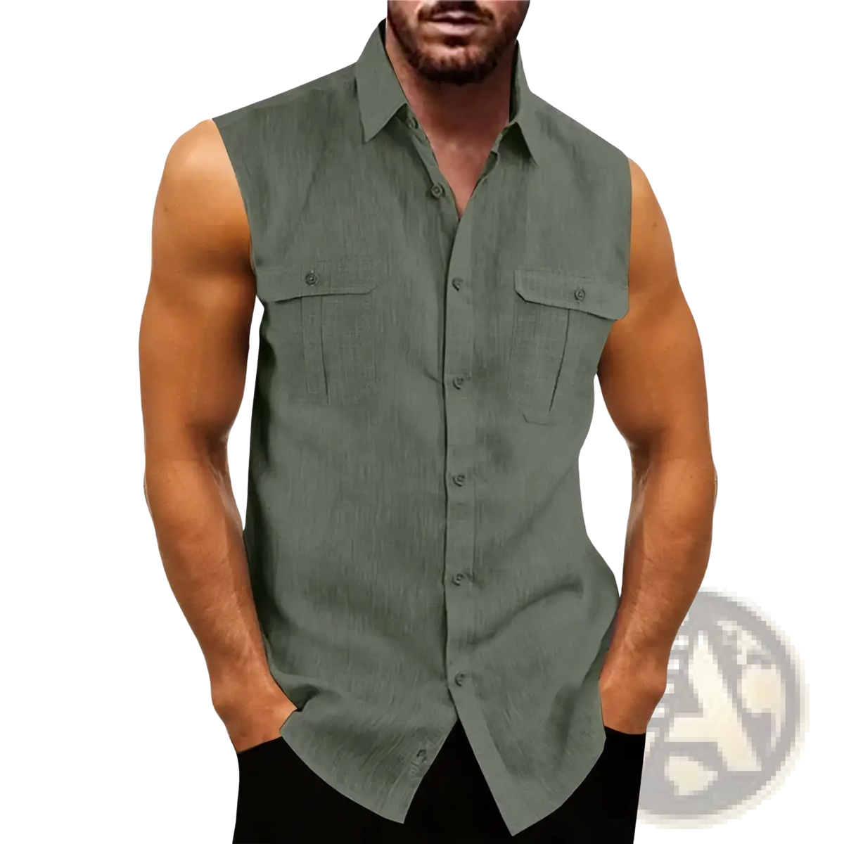 Men’s olive green cotton linen sleeveless button-up shirt with collar and two chest pockets