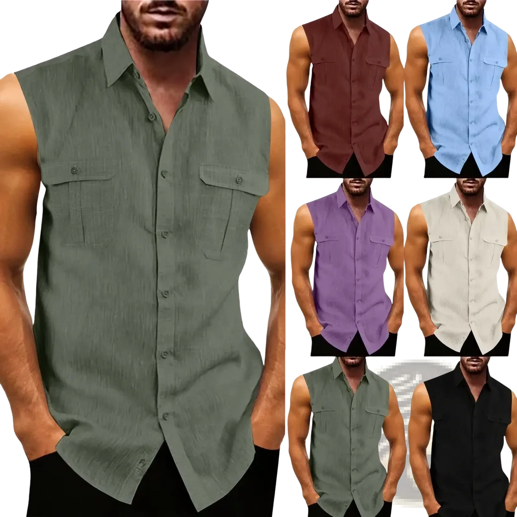 Men’s olive green sleeveless button-up shirt with collar and two chest pockets made of cotton linen fabric