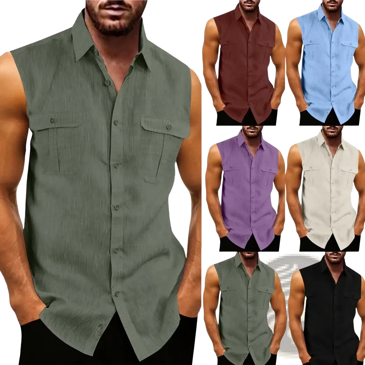 Men’s olive green sleeveless button-up shirt with collar and two chest pockets made of cotton linen fabric