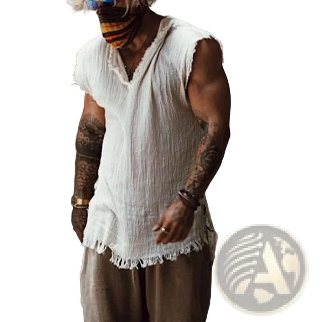 White men’s sleeveless button-up cotton linen shirt with v-neck and frayed hem in a loose-fitting design