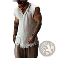 White men’s sleeveless button-up cotton linen shirt with v-neck and frayed hem in a loose-fitting design