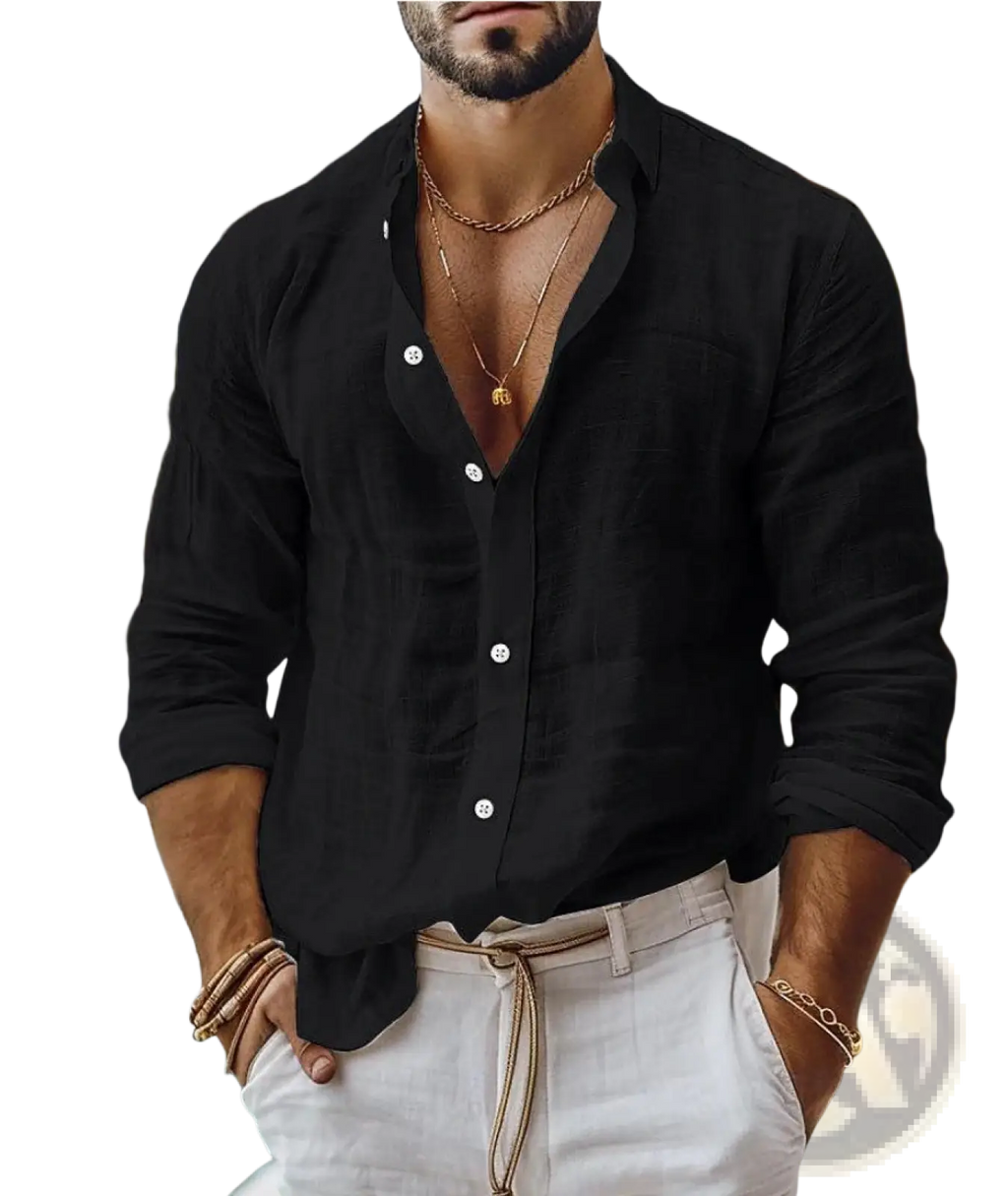 Mens cotton long sleeve casual button down shirt in black linen with white buttons and rolled sleeves