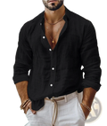 Mens cotton long sleeve casual button down shirt in black linen with white buttons and rolled sleeves
