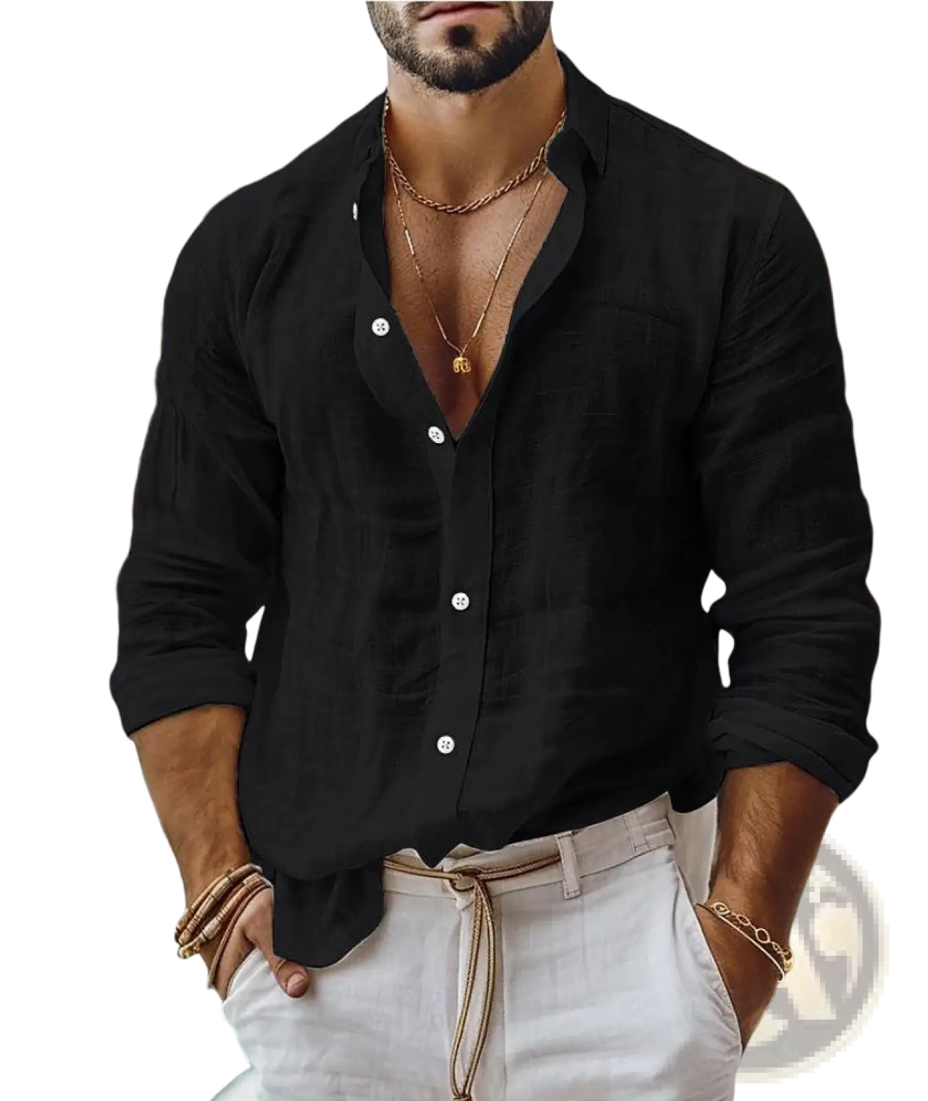 Mens cotton long sleeve casual button down shirt in black linen with white buttons and rolled sleeves