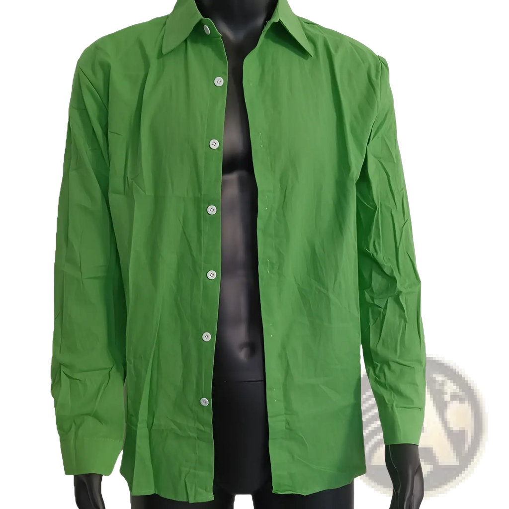 Mens cotton long sleeve casual button down shirt in vibrant green with classic collar and white buttons