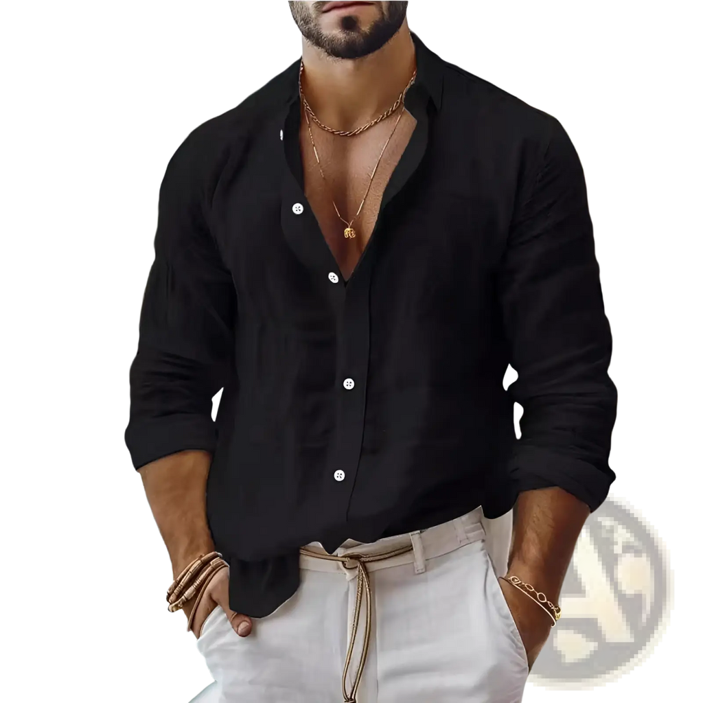 Mens cotton long sleeve casual button down shirt in black with relaxed fit and rolled sleeves