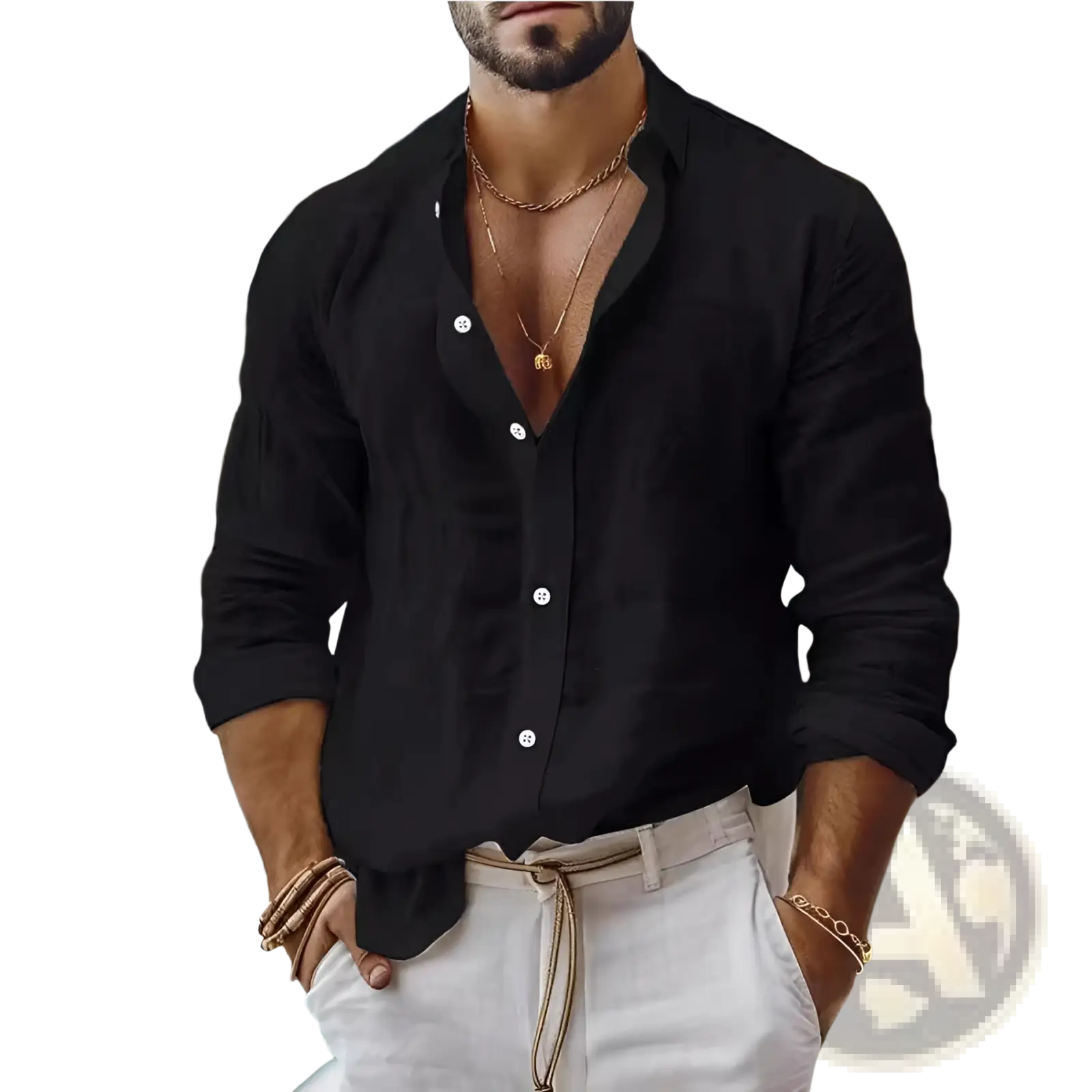 Mens cotton long sleeve casual button down shirt in black with relaxed fit and rolled sleeves