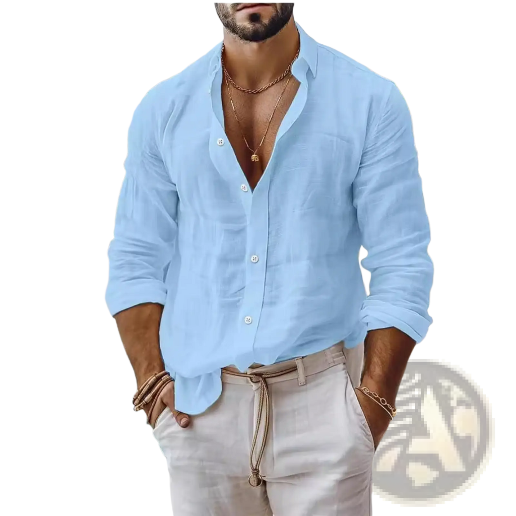 Mens cotton long sleeve casual button down shirt in light blue with rolled cuffs and relaxed fit