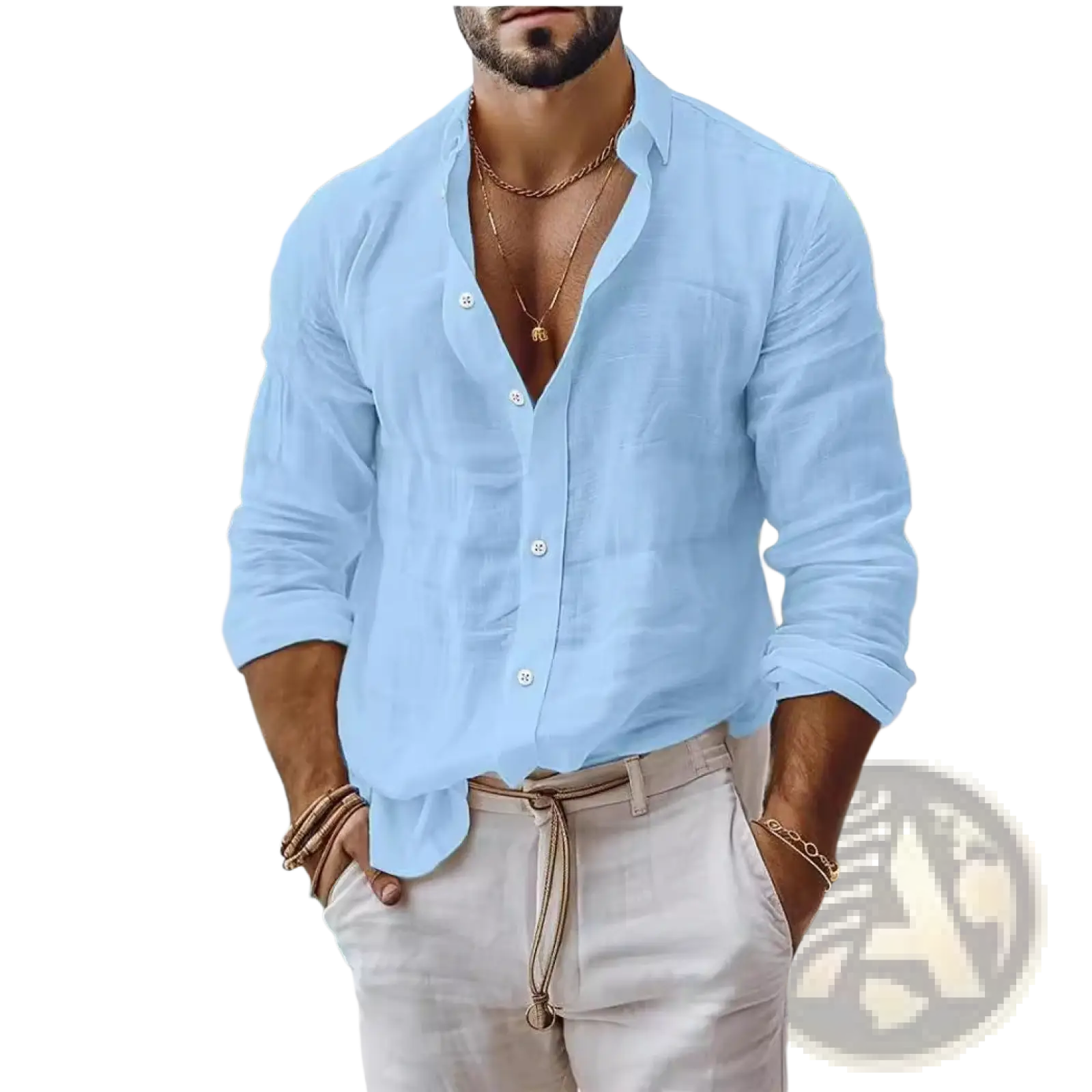 Mens cotton long sleeve casual button down shirt in light blue with rolled cuffs and relaxed fit