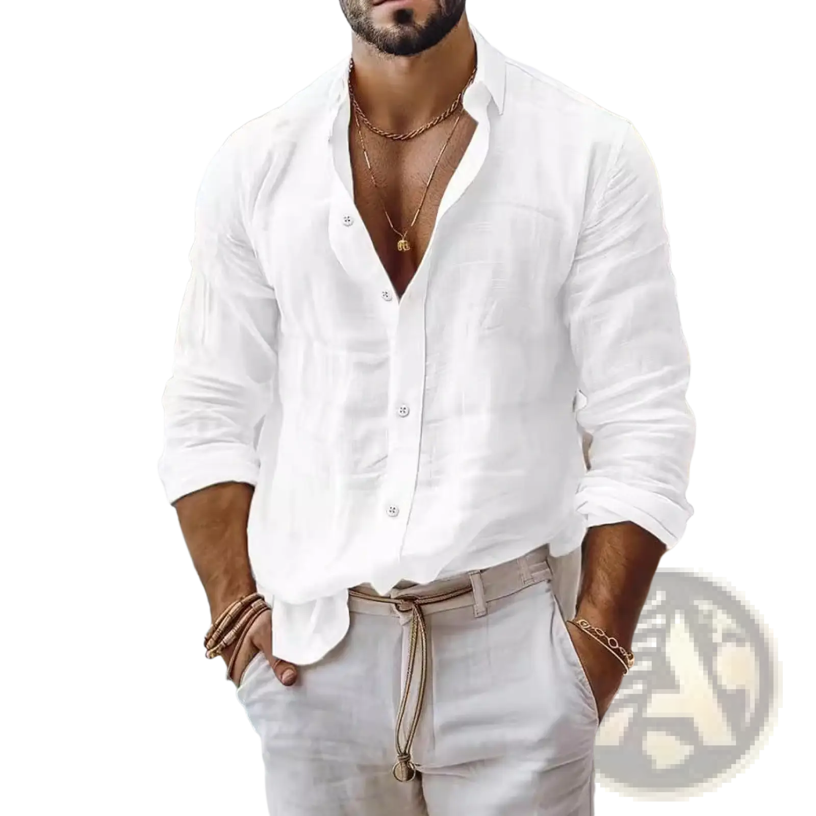 Mens cotton long sleeve casual button down shirt in white linen with rolled sleeves and a relaxed fit